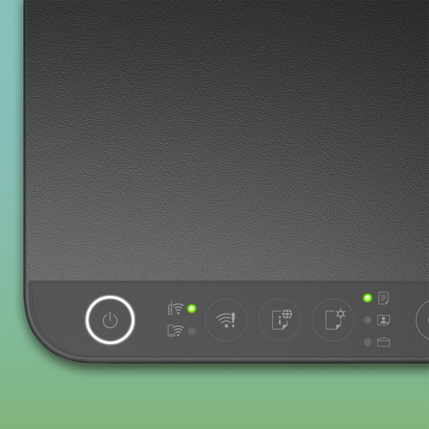Ein Power-Button leuchtet weiß. Daneben sind WLAN- und andere Symbole.
