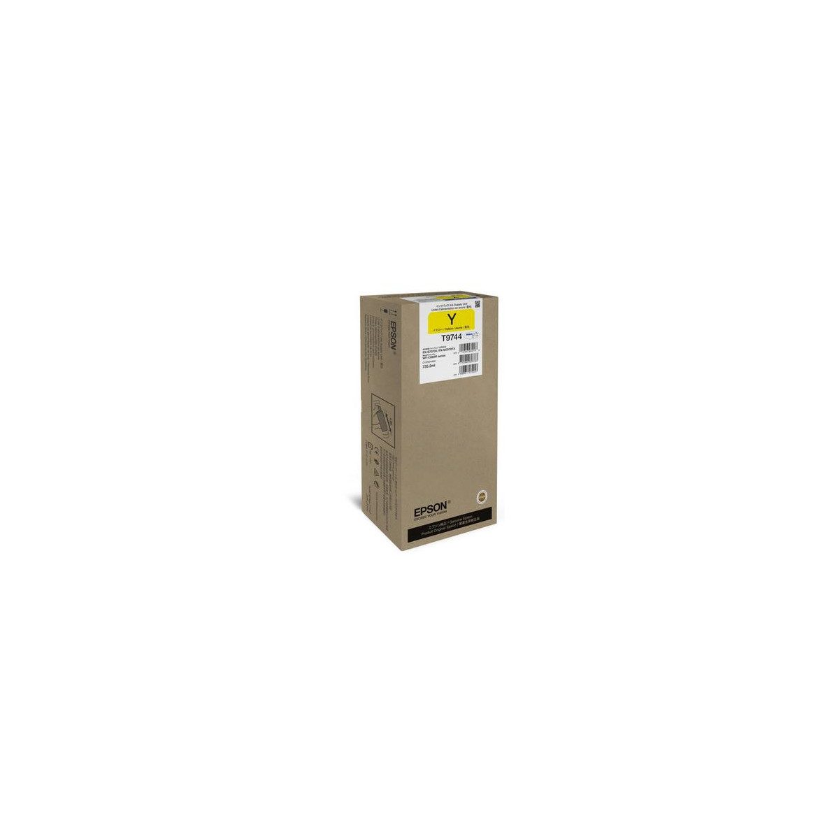 Una scatola Epson marrone con etichetta gialla T9744, su sfondo bianco.