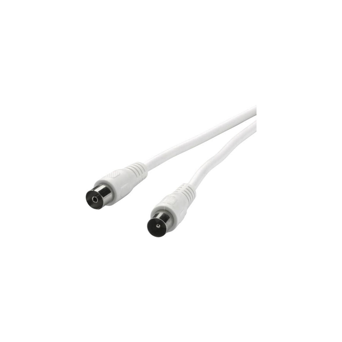 Un cavo bianco con due connettori coassiali, isolato su sfondo bianco.
