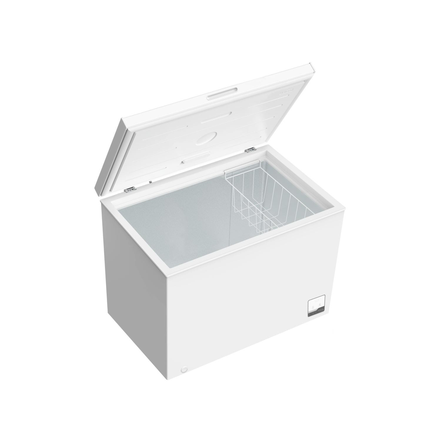Un congelatore a pozzetto bianco con coperchio aperto, che mostra un cestello metallico all'interno.