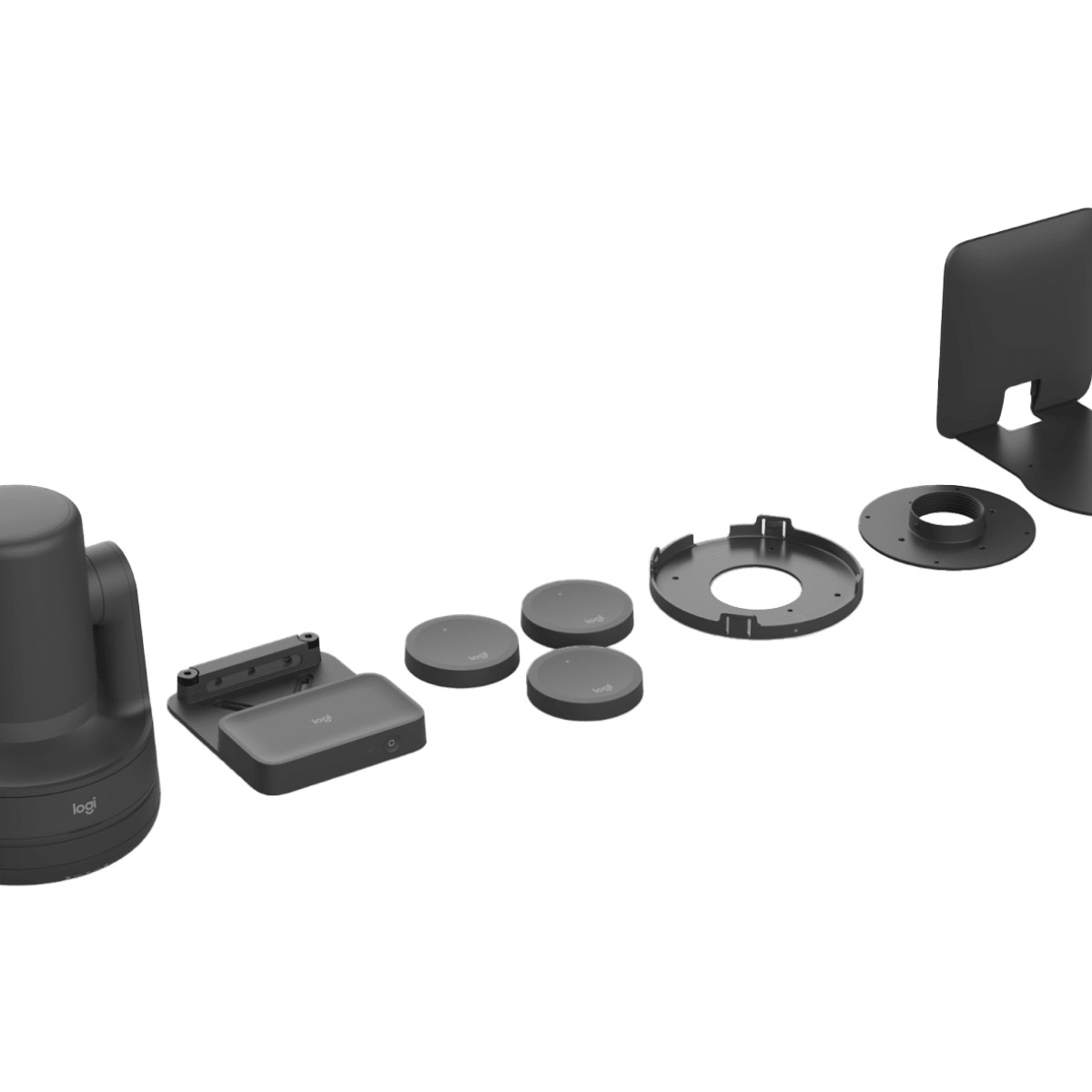 Un set di telecamera Logitech con microfoni, supporto e base.