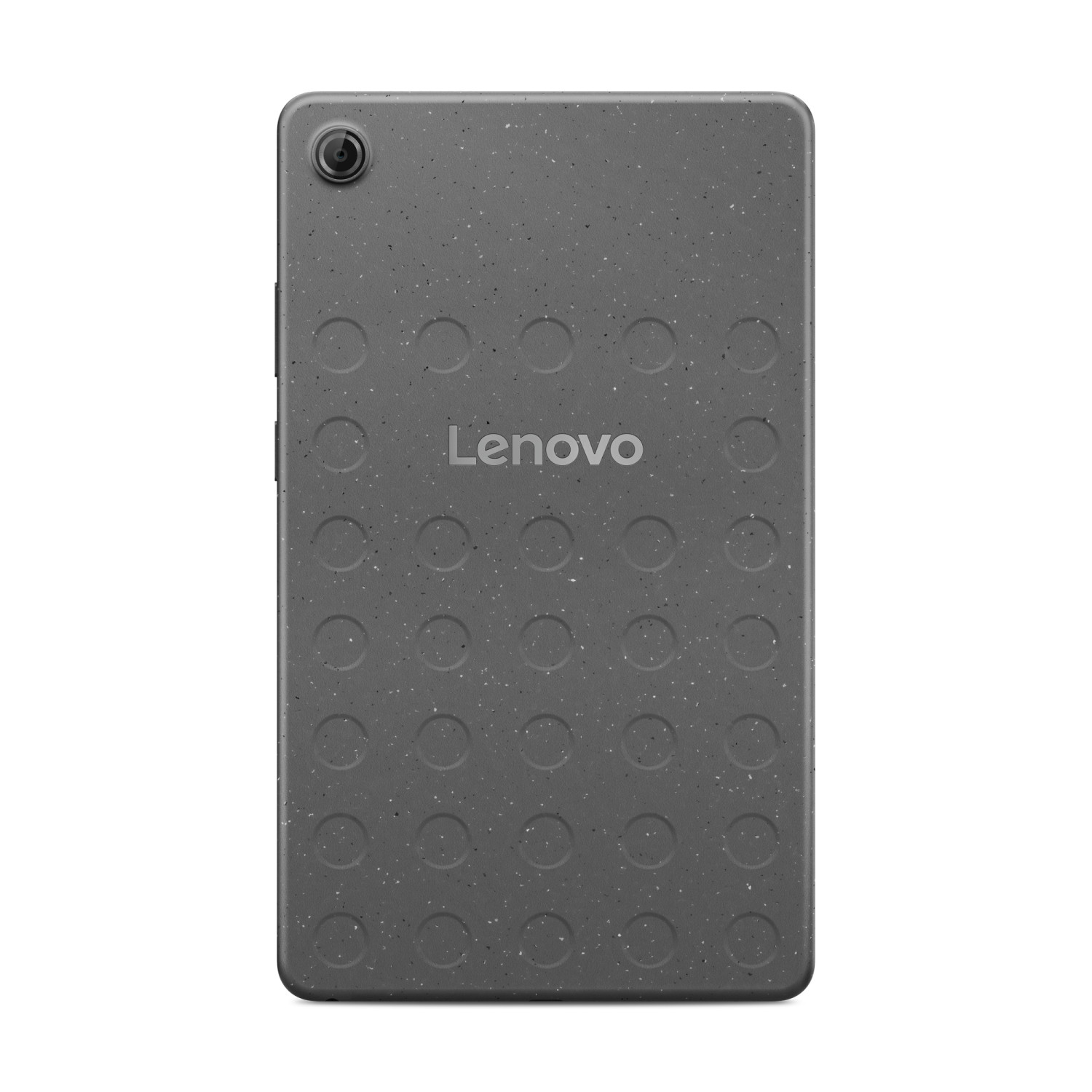 Retro di un tablet Lenovo grigio con motivo a pois e obiettivo della fotocamera.