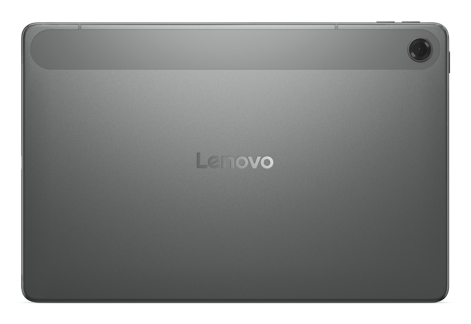 Retro di un tablet Lenovo grigio con fotocamera e logo.
