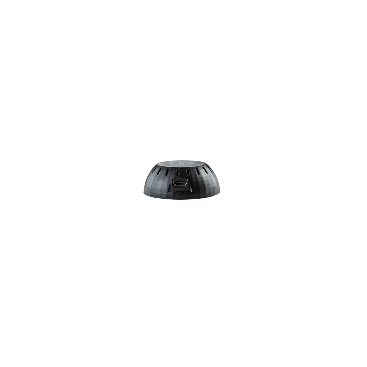 Un dispositivo nero a forma di cupola con fessure di ventilazione e una porta USB.