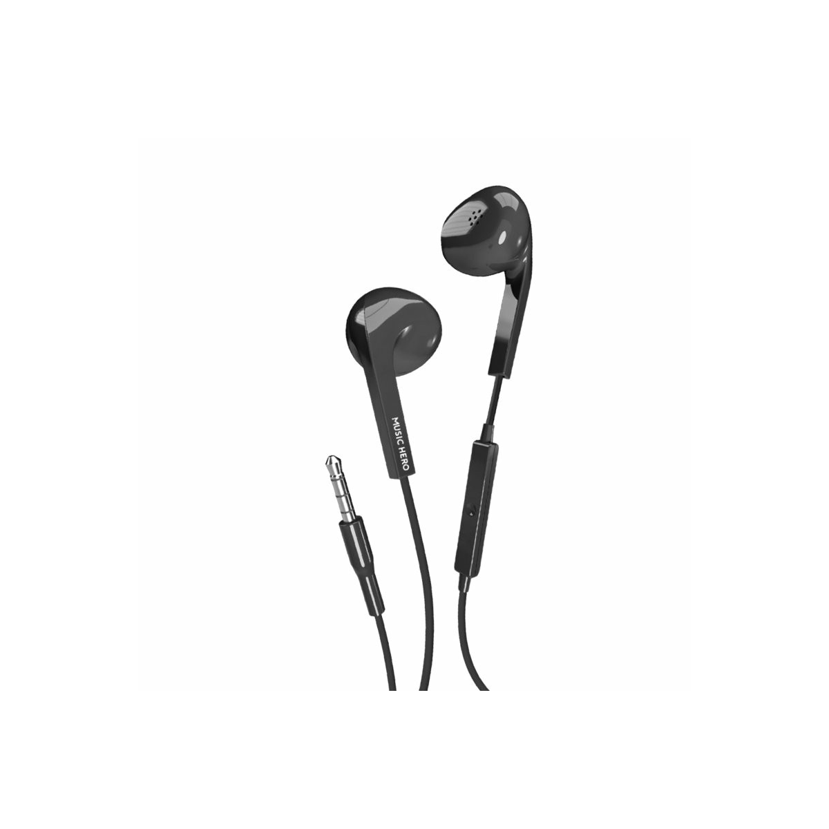 Auricolari neri in-ear con jack da 3,5 mm e microfono in linea.