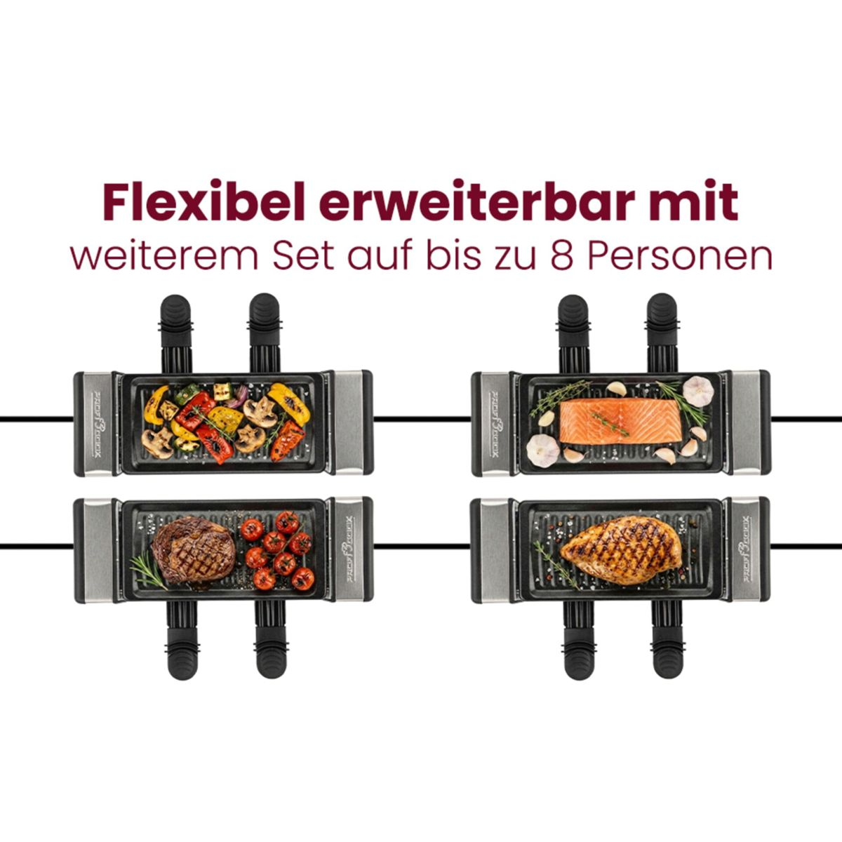 Vier Grills: gegrilltes Gemüse, Lachs mit Knoblauch, Steak mit Tomaten, Hähnchen.