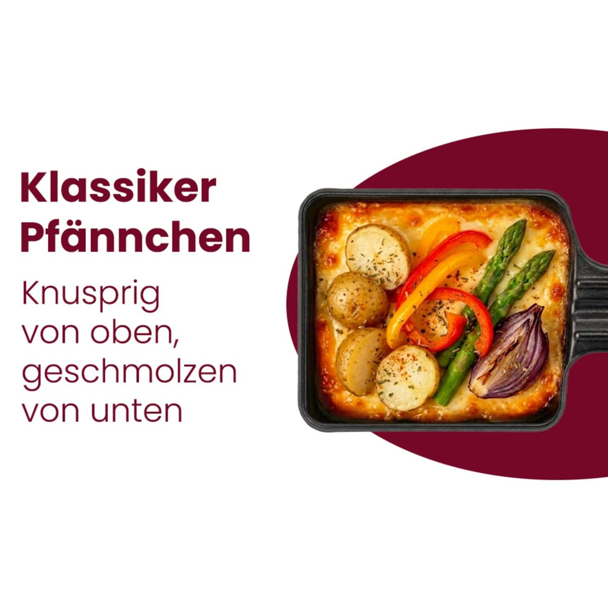 Klassiker Pfännchen mit Kartoffeln, Paprika, Spargel und Zwiebeln, überbacken mit Käse.