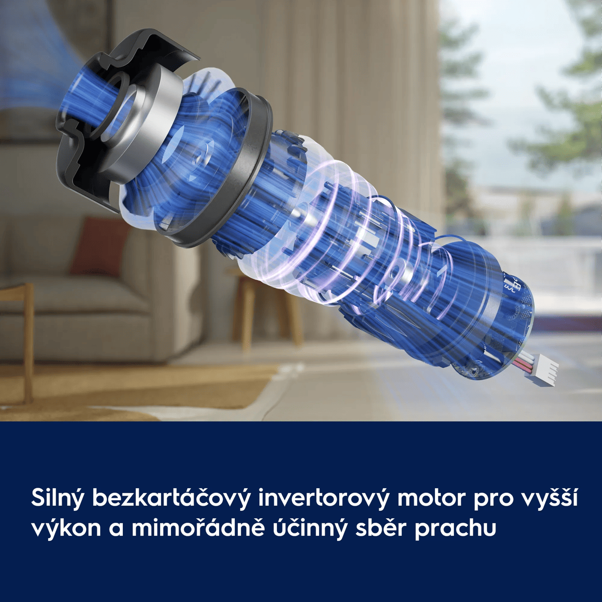Motore blu e trasparente con linee di energia vorticose, soggiorno sfocato.
