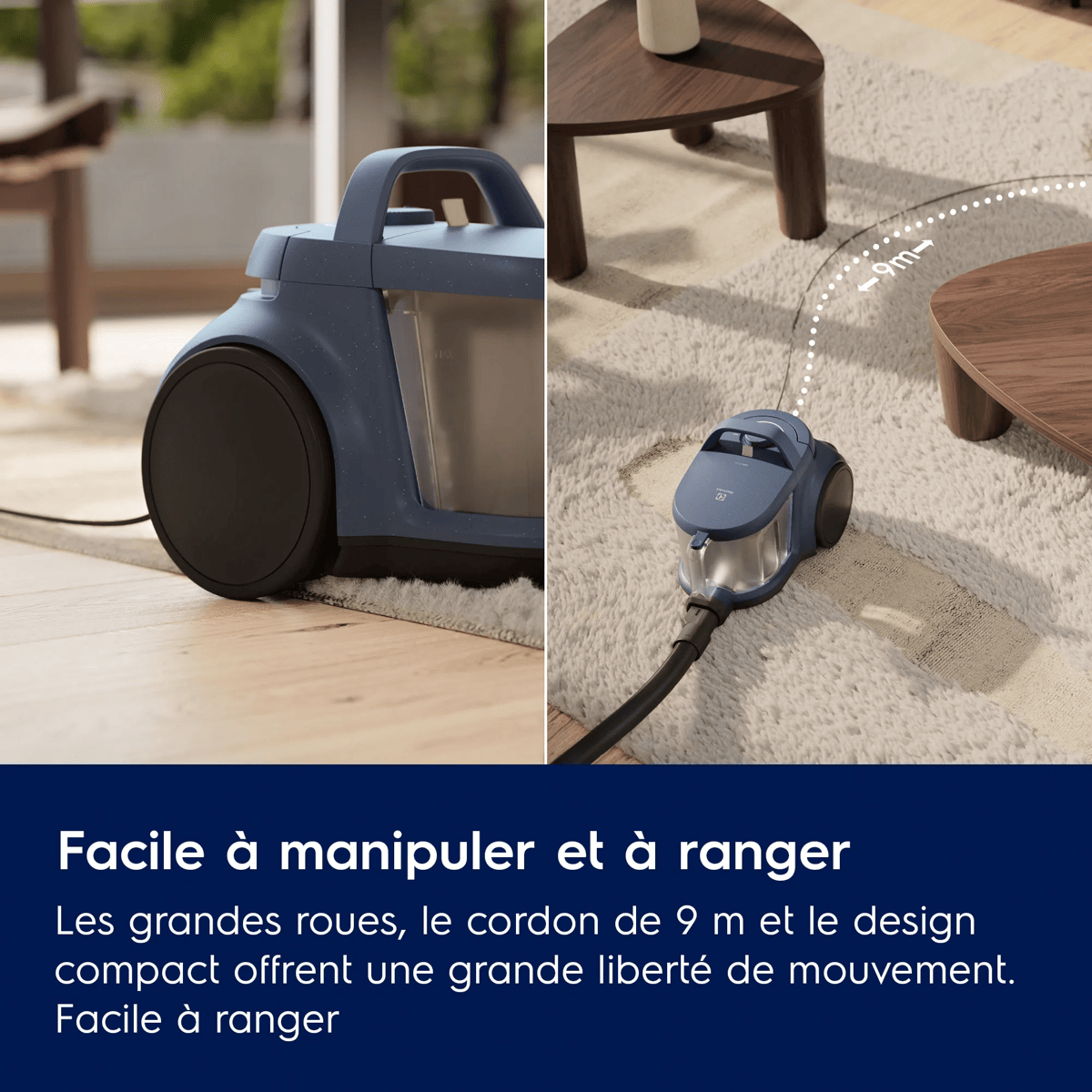Aspirapolvere blu su tappeto, con uno più piccolo accanto su un altro tappeto.