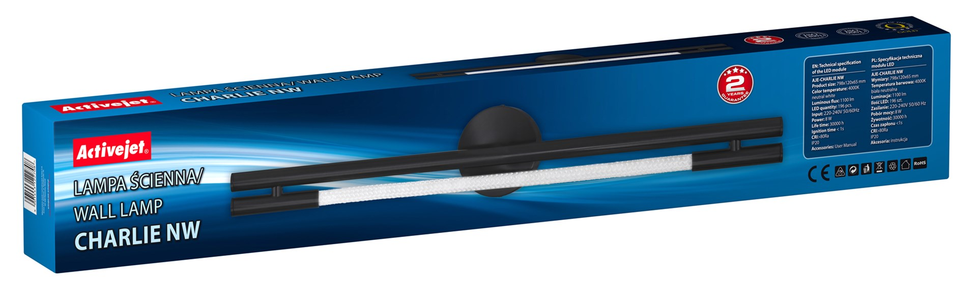 Confezione di una lampada da parete Activejet nera "Charlie NW" con dettagli tecnici.