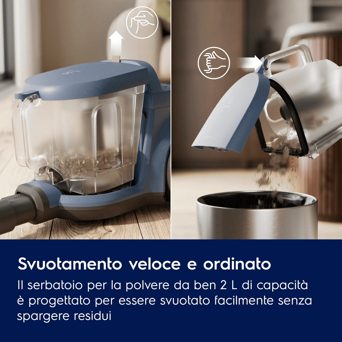 Un contenitore per la polvere blu viene svuotato. La polvere cade in un contenitore.