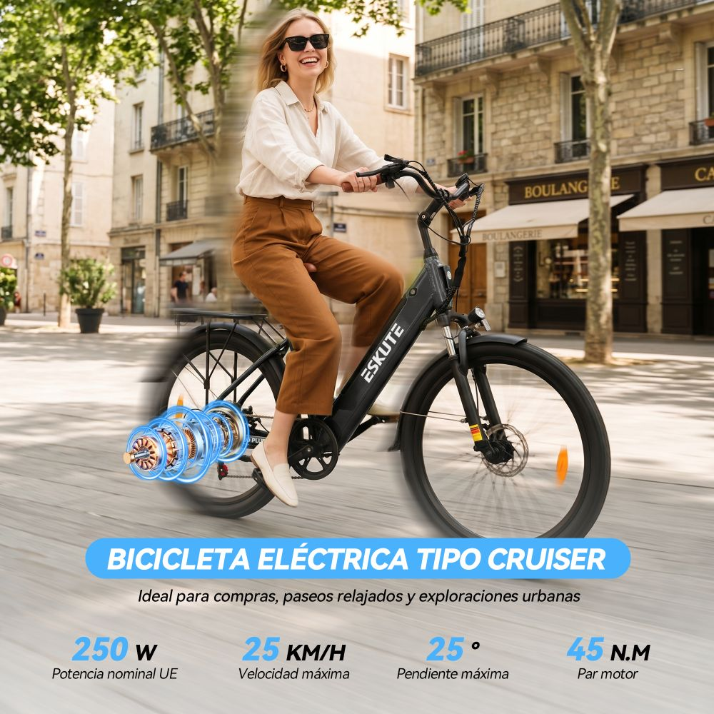 Mujer montando una bicicleta eléctrica tipo cruiser negra en la ciudad. Especificaciones del motor.