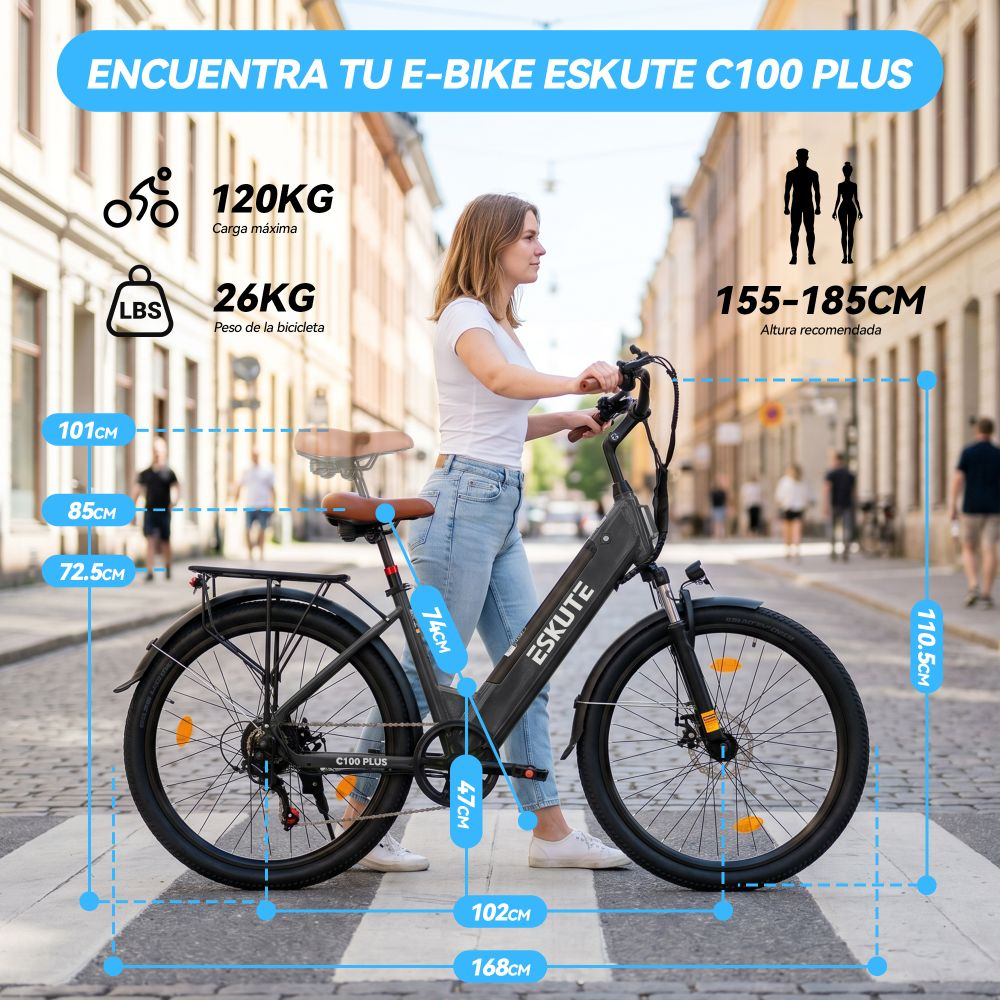 Una mujer junto a una e-bike con detalles de medidas y peso.