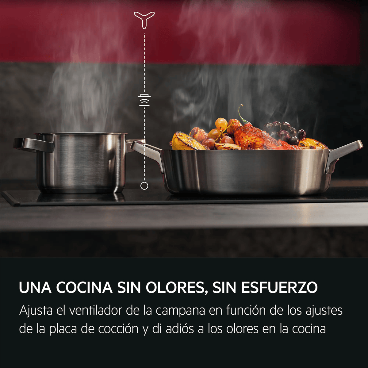 Dos ollas en una estufa con humo. Se muestra un icono de ventilador.