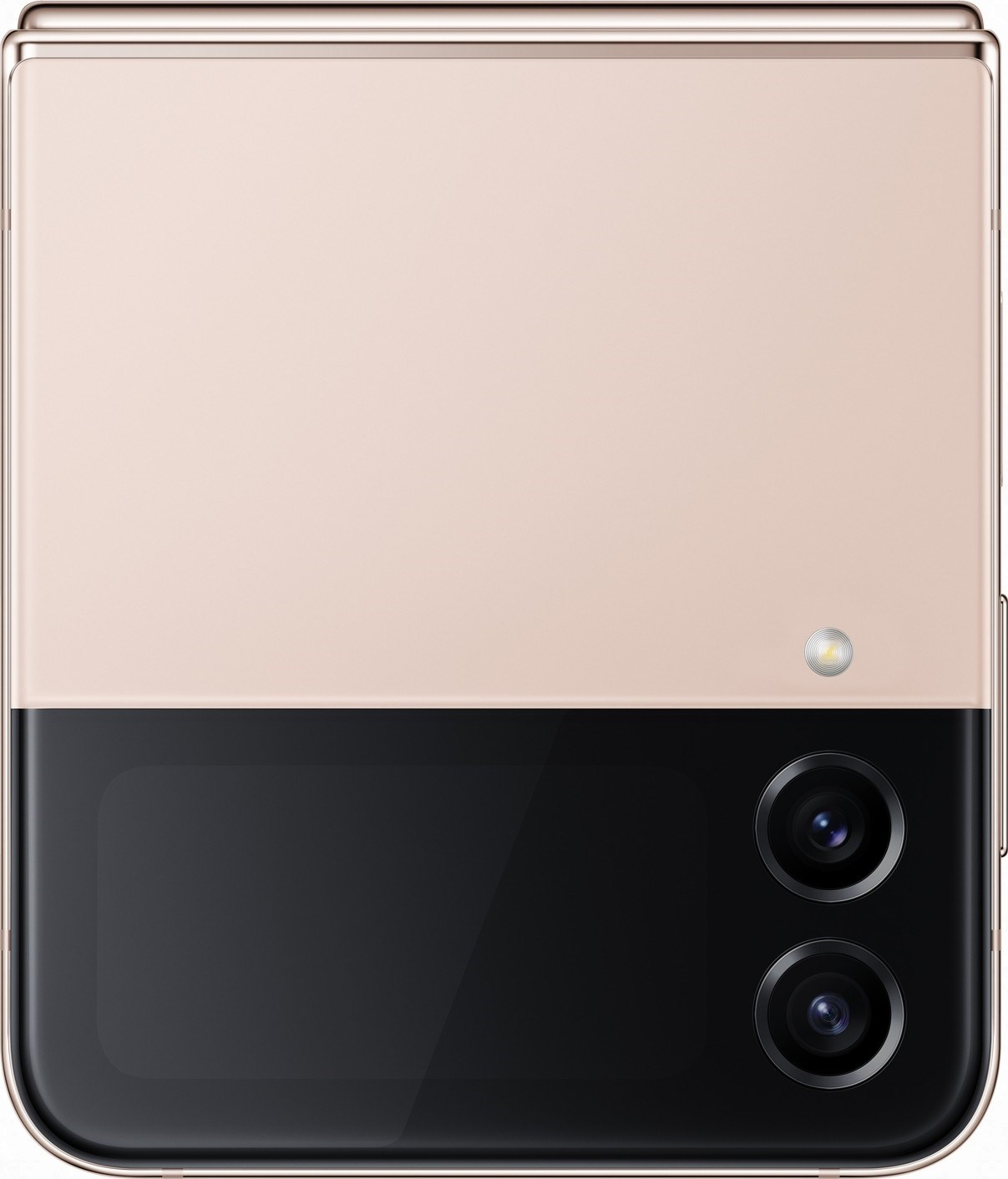 Arkada iki kamera ve flaşlı kapalı pembe kapaklı telefon.