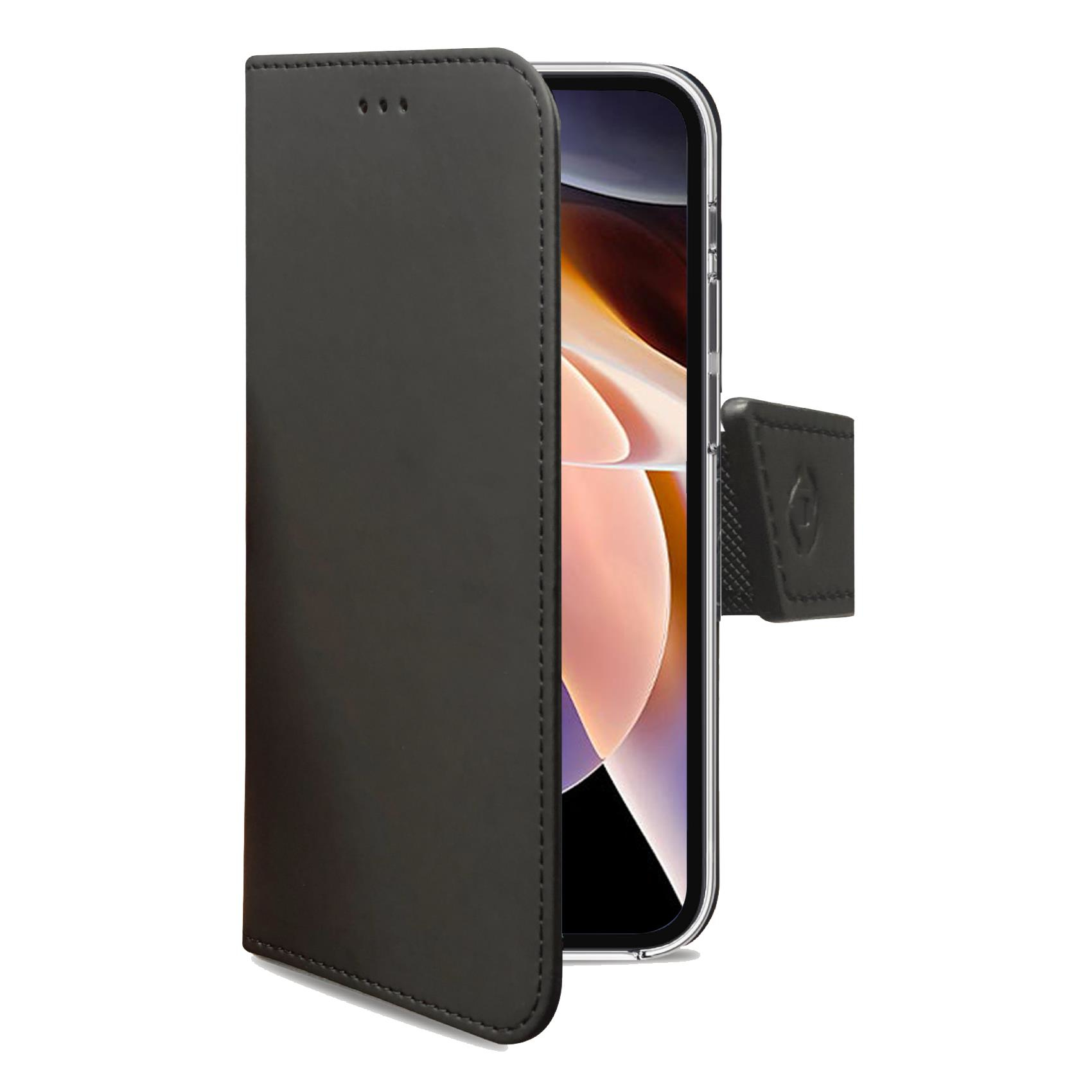 Telefono nero con cover flip aperta e bordo trasparente.