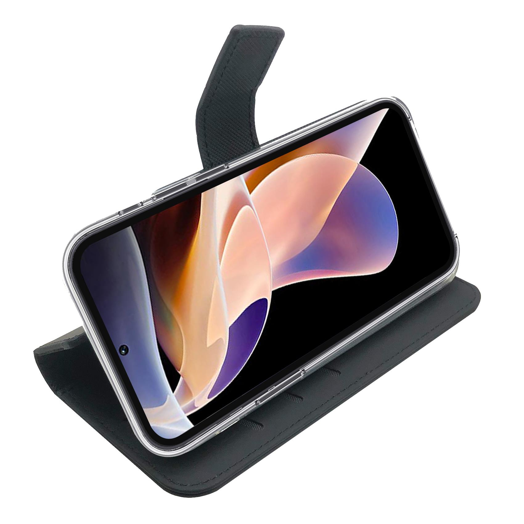 Uno smartphone in una custodia nera con uno sfondo colorato.