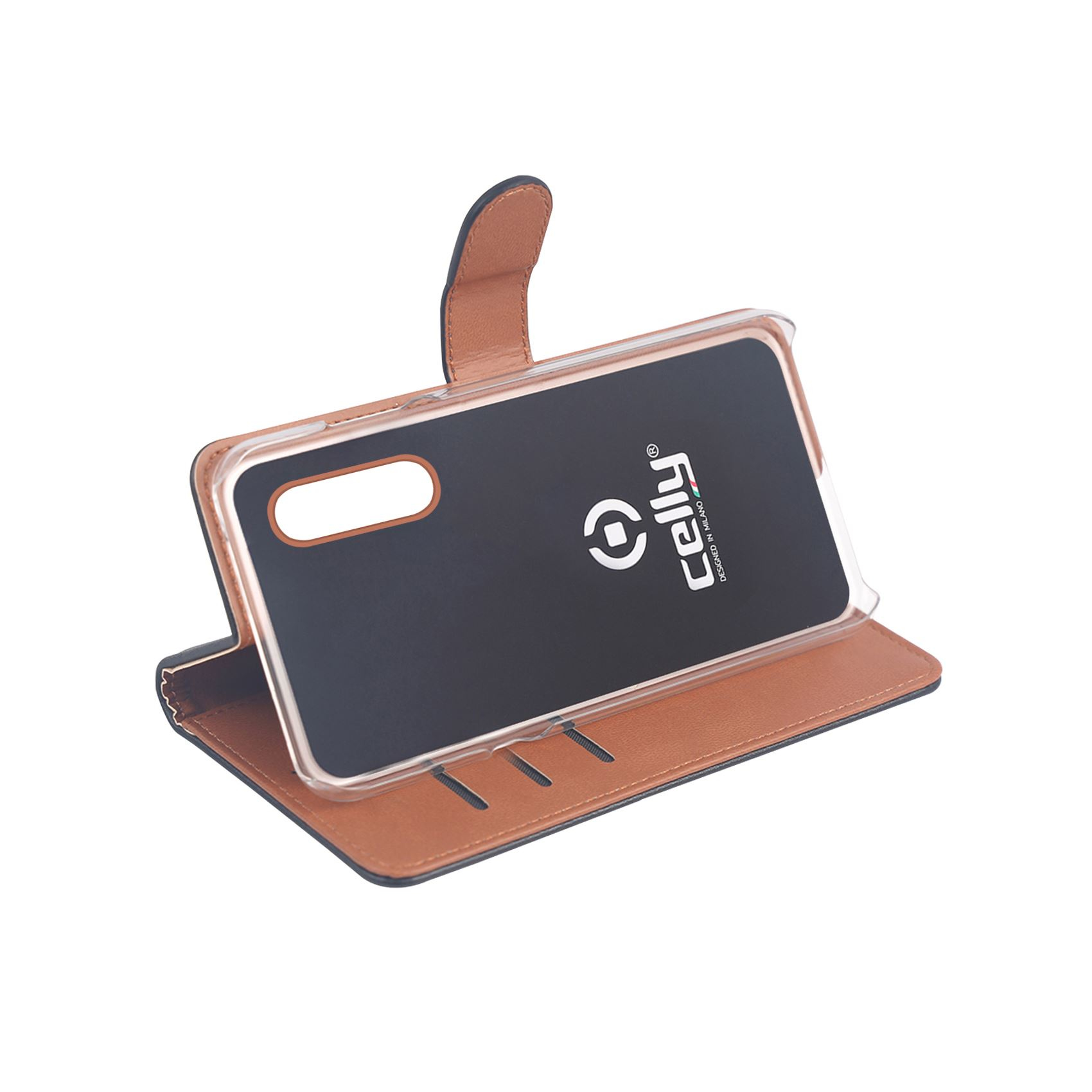Una custodia per telefono in pelle marrone con inserto nero e cornice trasparente.