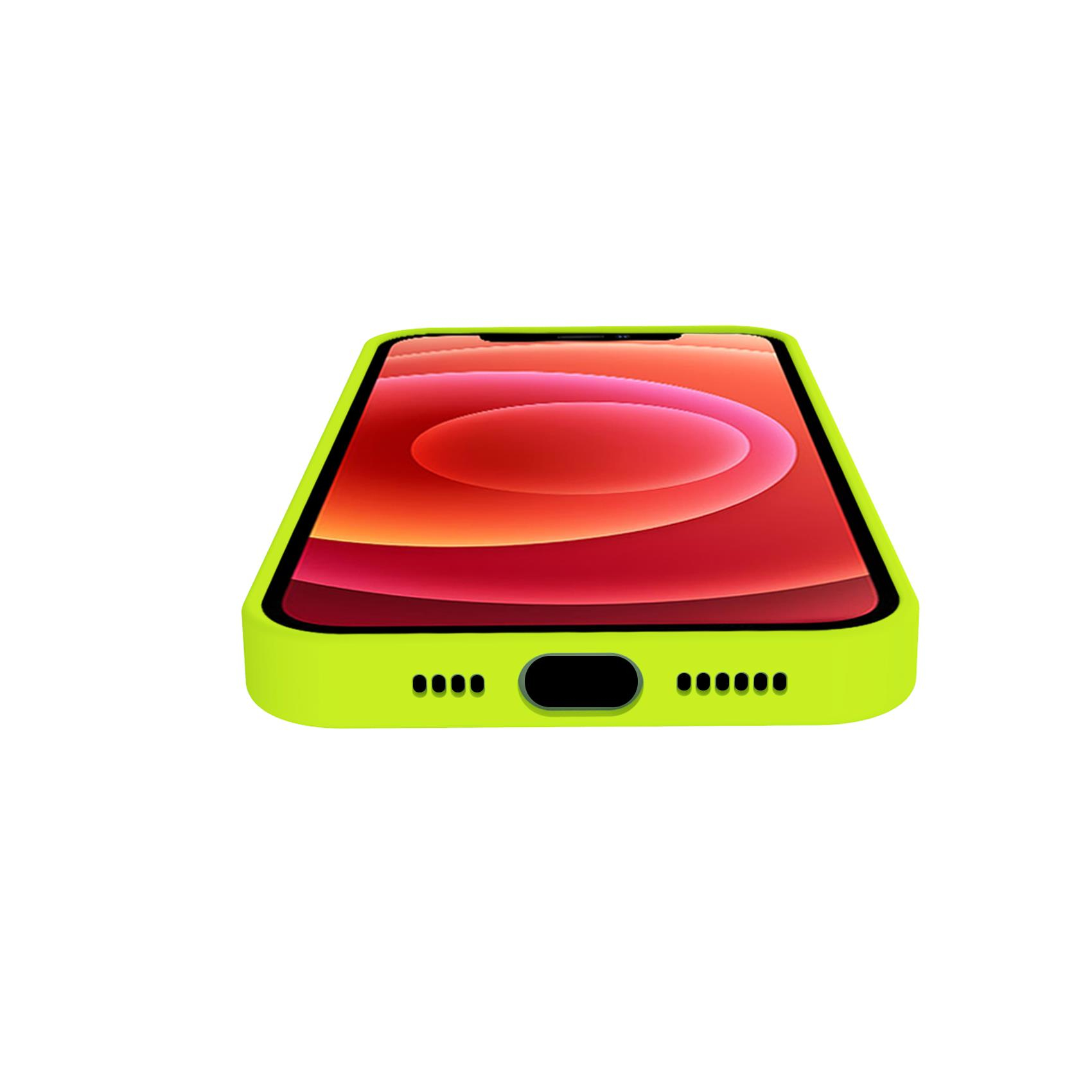 Custodia iPhone verde neon con sfondo rosso. Primo piano.