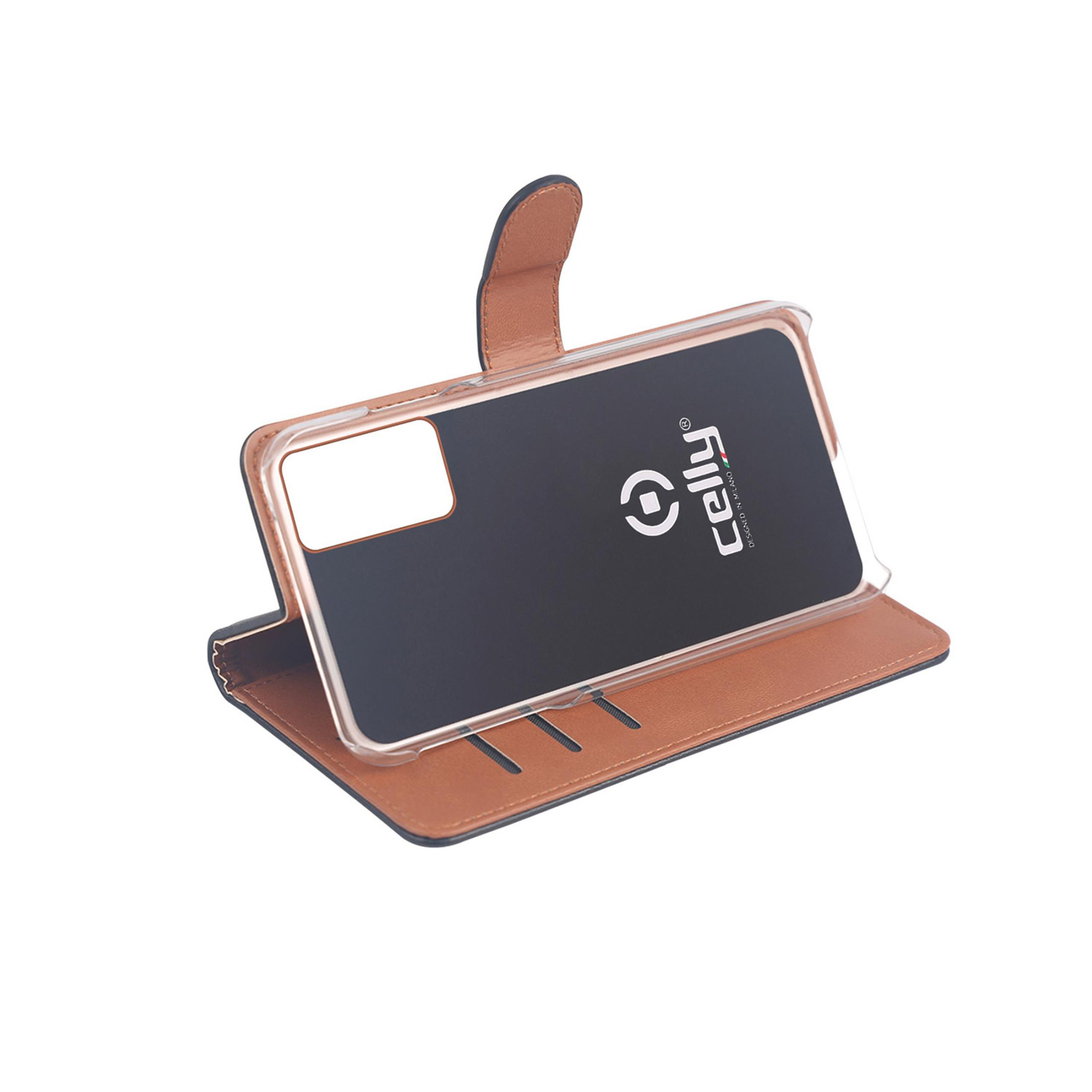 Custodia a portafoglio marrone con inserto nero e logo Celly.