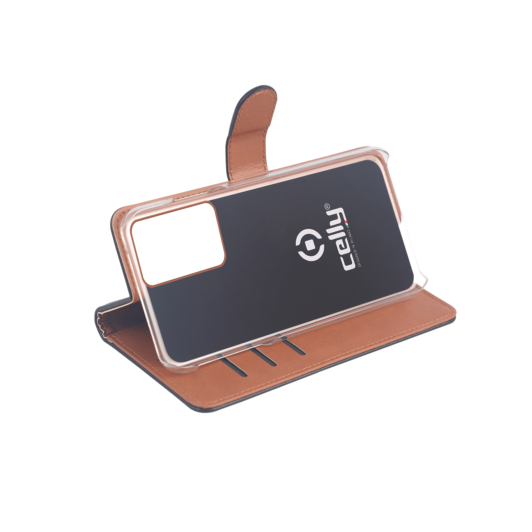 Eine braune Brieftaschenhülle für ein Smartphone mit transparentem Rahmen