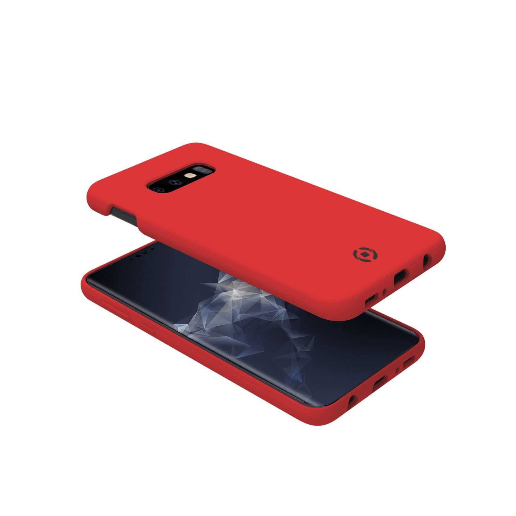 Custodia rossa per telefono su uno smartphone con sfondo geometrico.