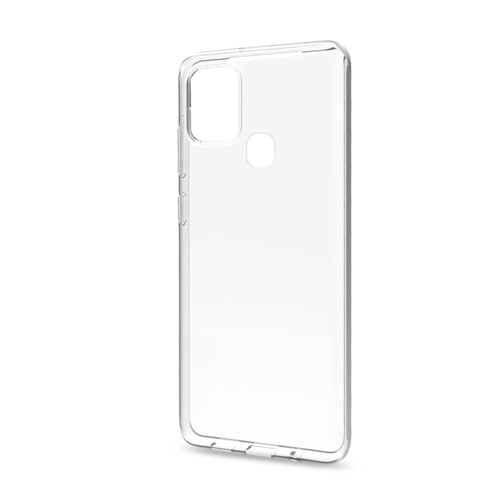Custodia trasparente per telefono con ritagli per fotocamera e pulsanti.