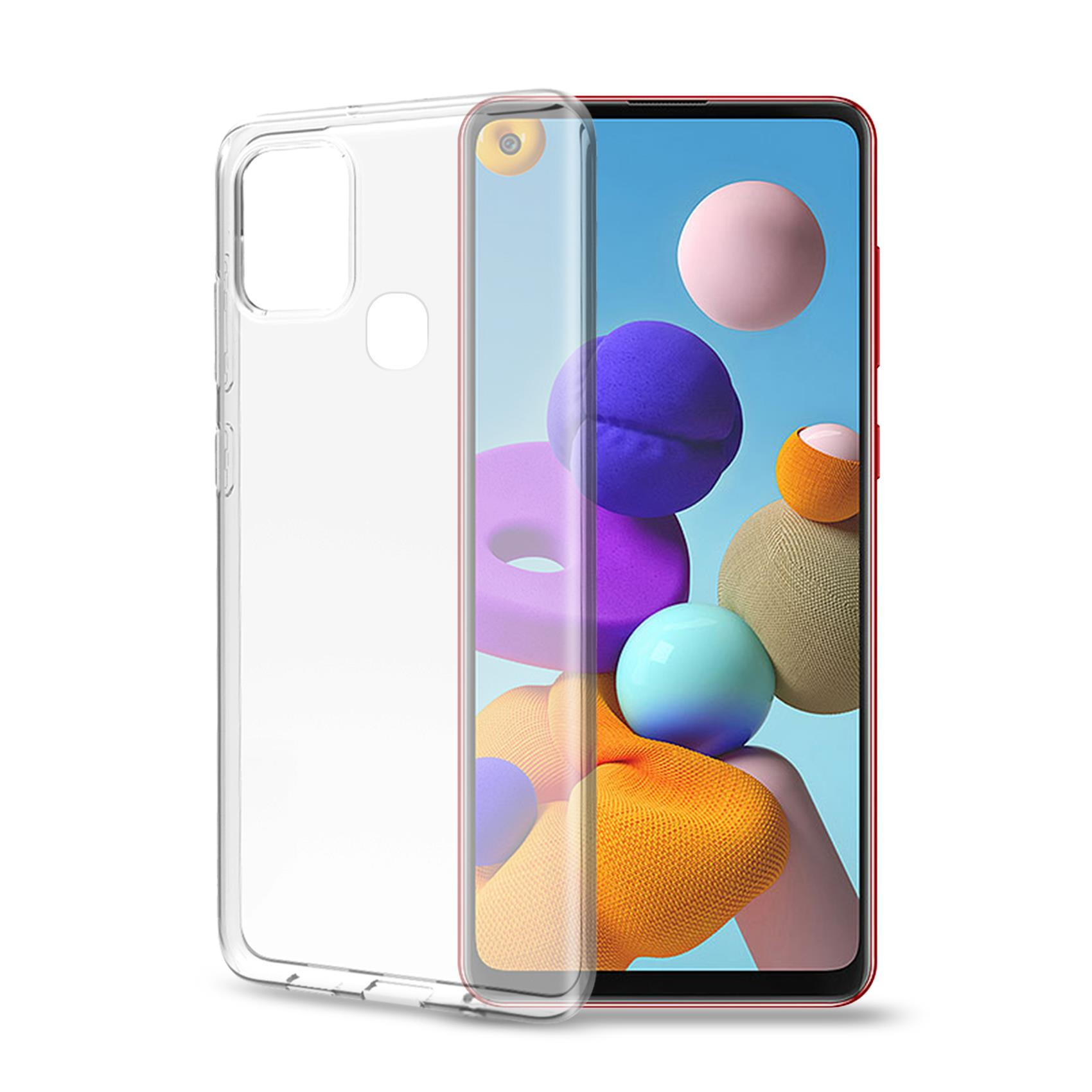 Una custodia trasparente su uno smartphone rosso con sfere colorate sullo schermo.