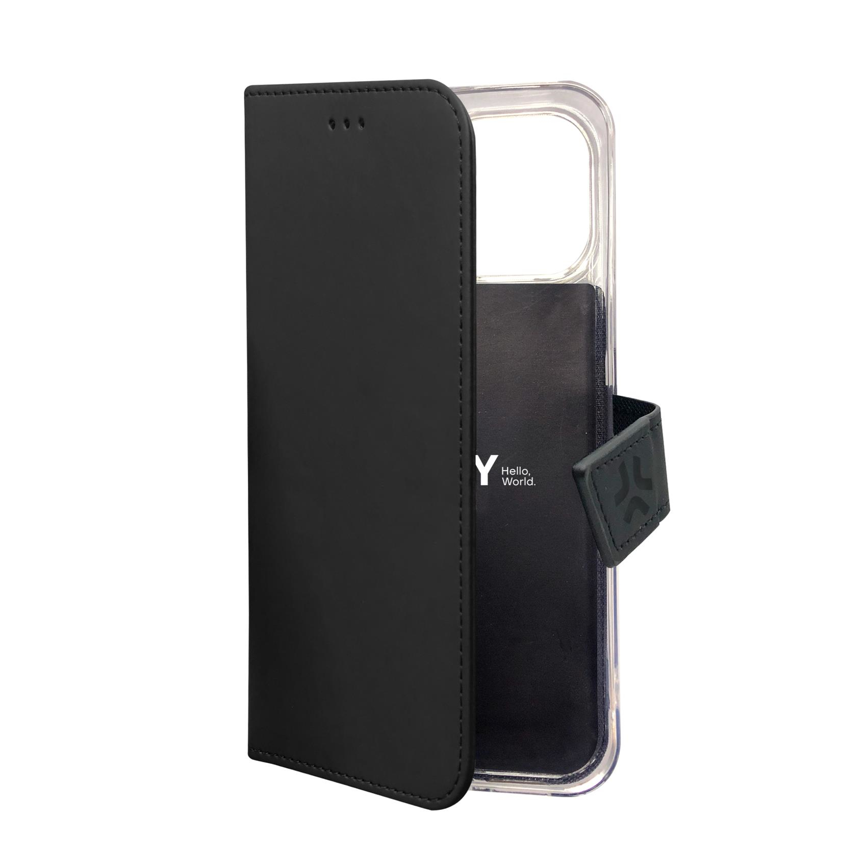 Custodia a libro nera per telefono con cornice trasparente e logo.