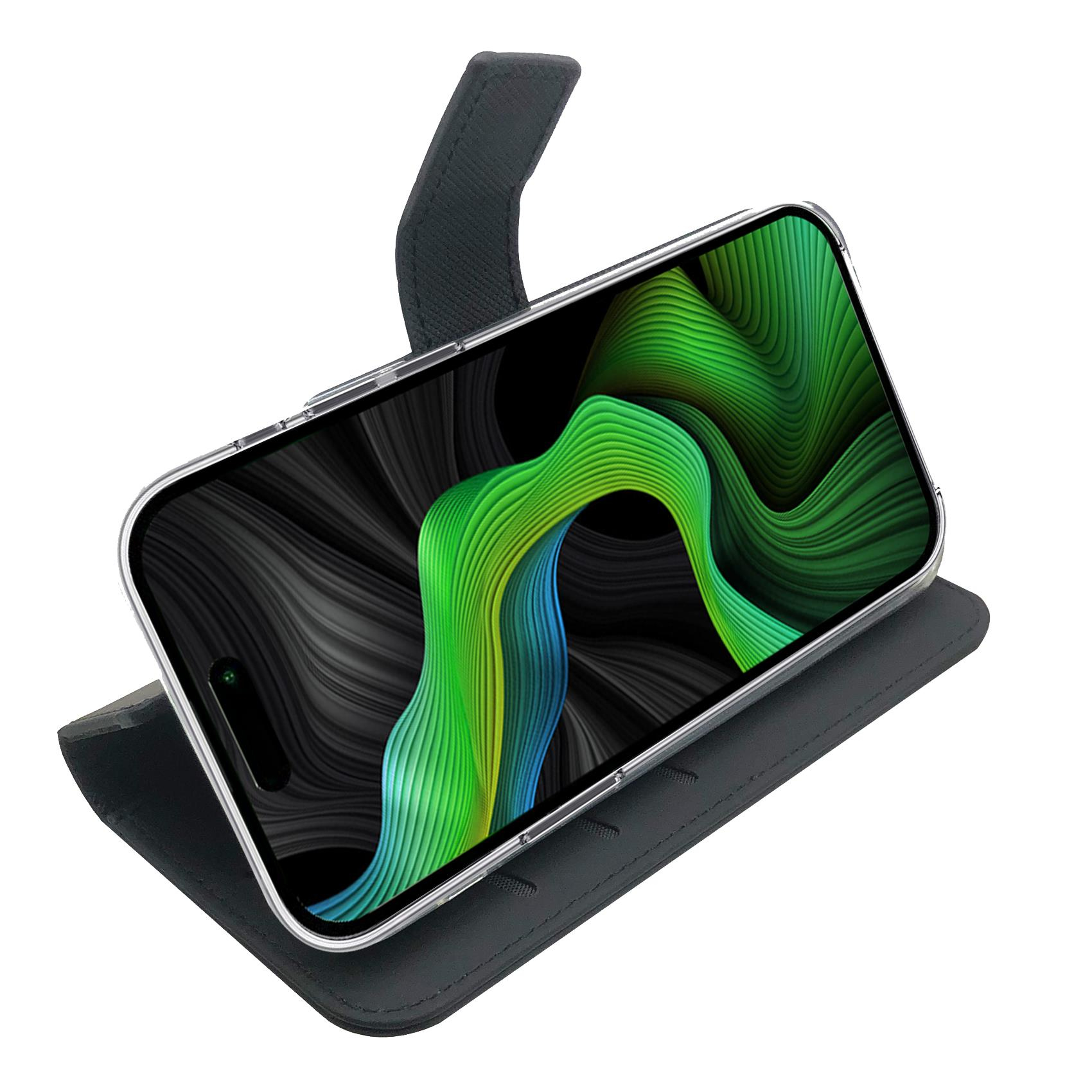Uno smartphone in custodia nera con uno sfondo a onde verdi e blu.