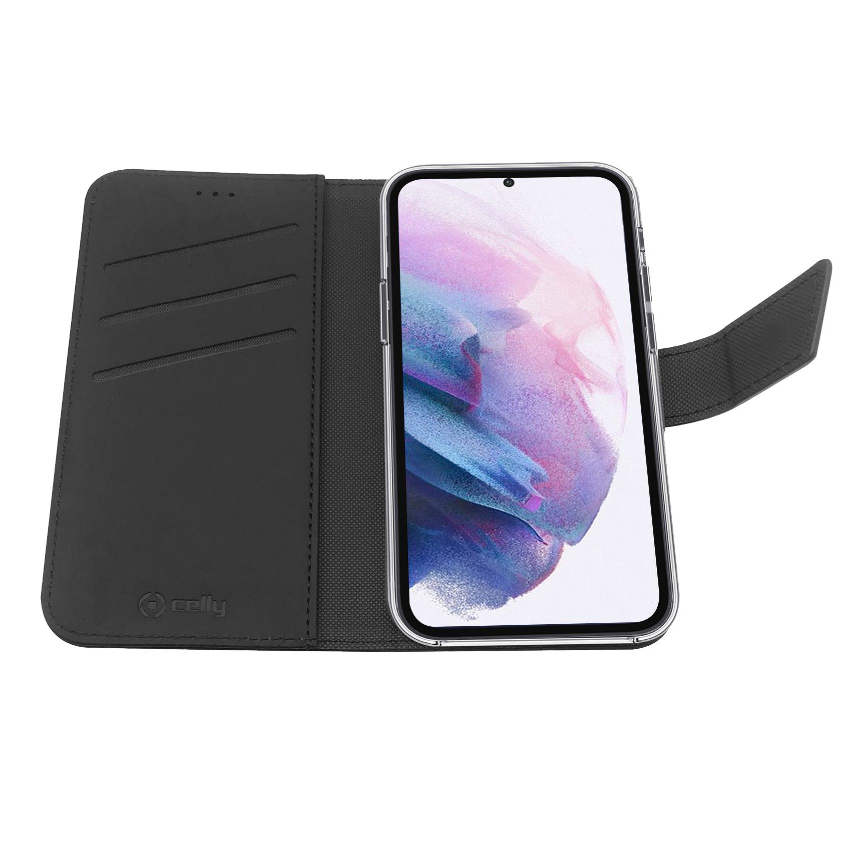 Custodia a libro nera con slot per carte e uno smartphone con schermo colorato.