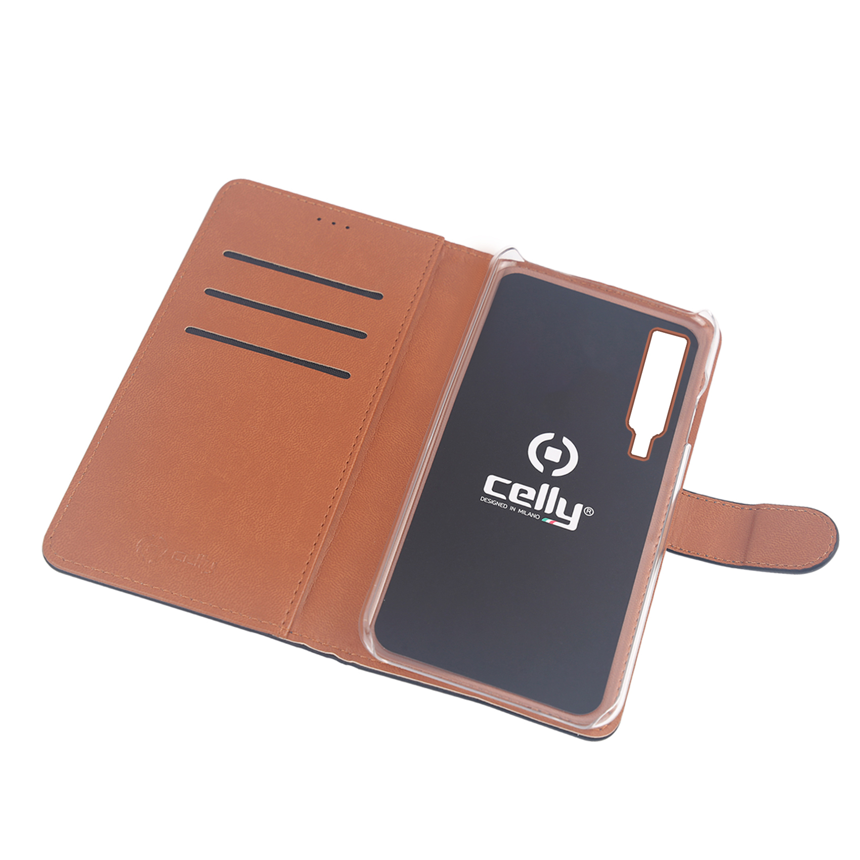 Una custodia marrone aperta per telefono con supporto trasparente per smartphone. Slot per carte.