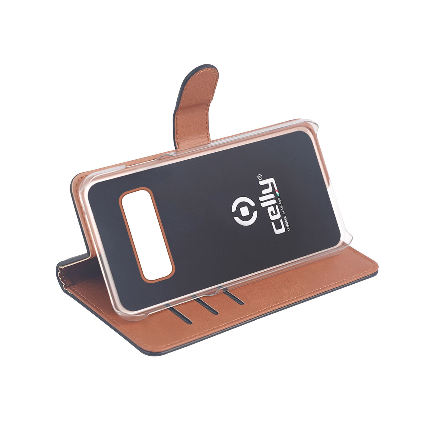 Custodia per telefono marrone con inserto nero e logo bianco.