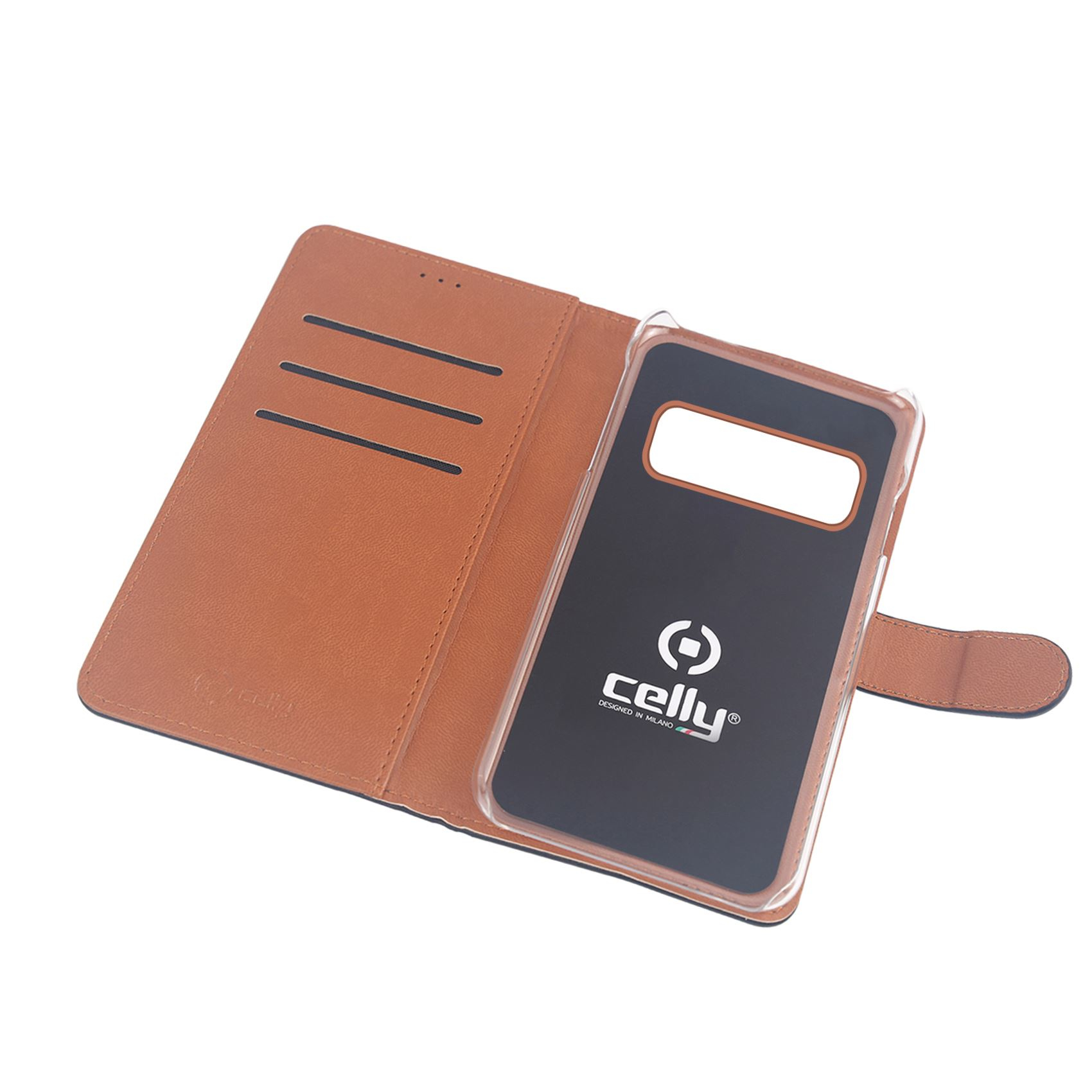 Custodia per telefono in pelle marrone aperta, con inserto nero e slot.