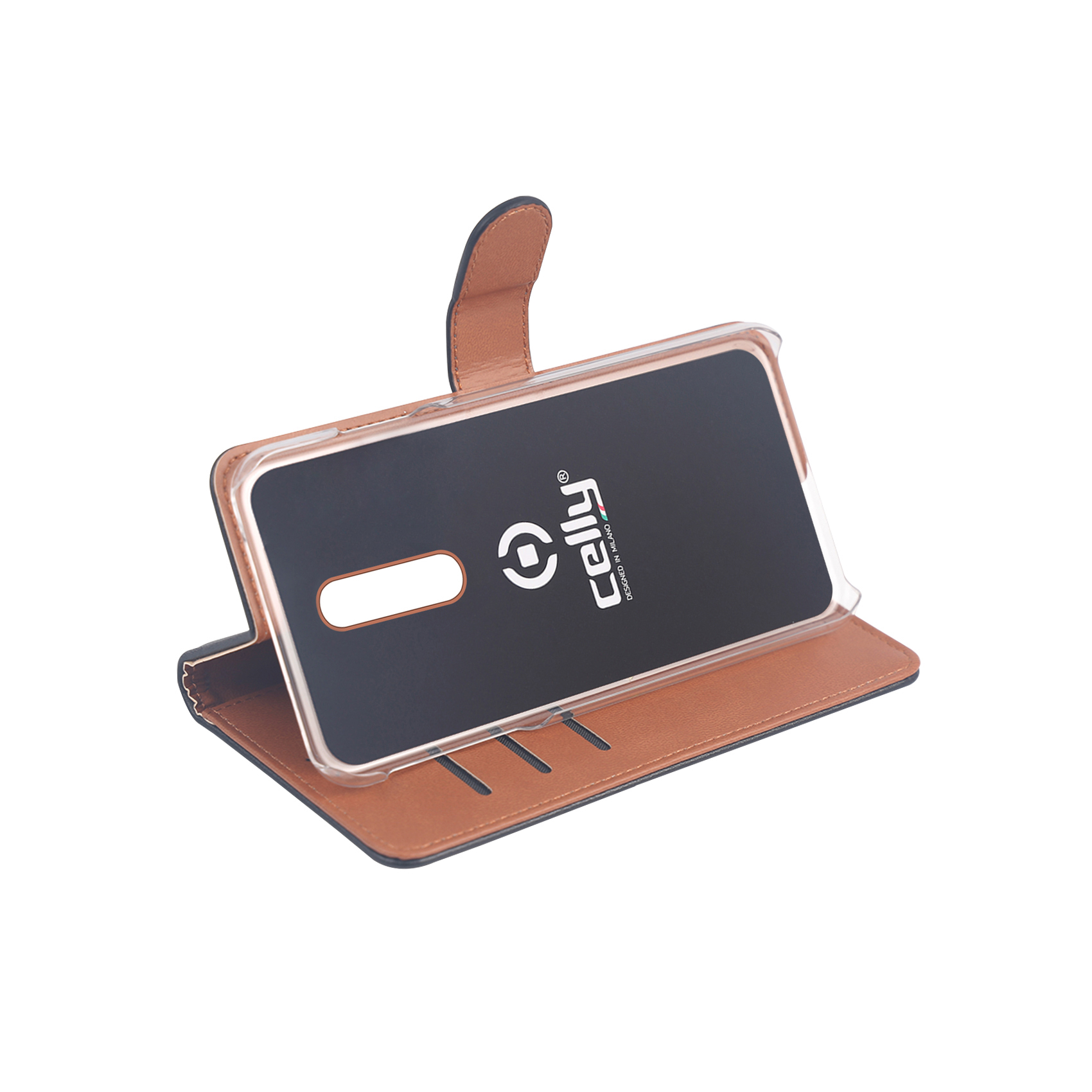 Custodia per telefono in pelle marrone con inserto nero e ritaglio bianco. Logo.