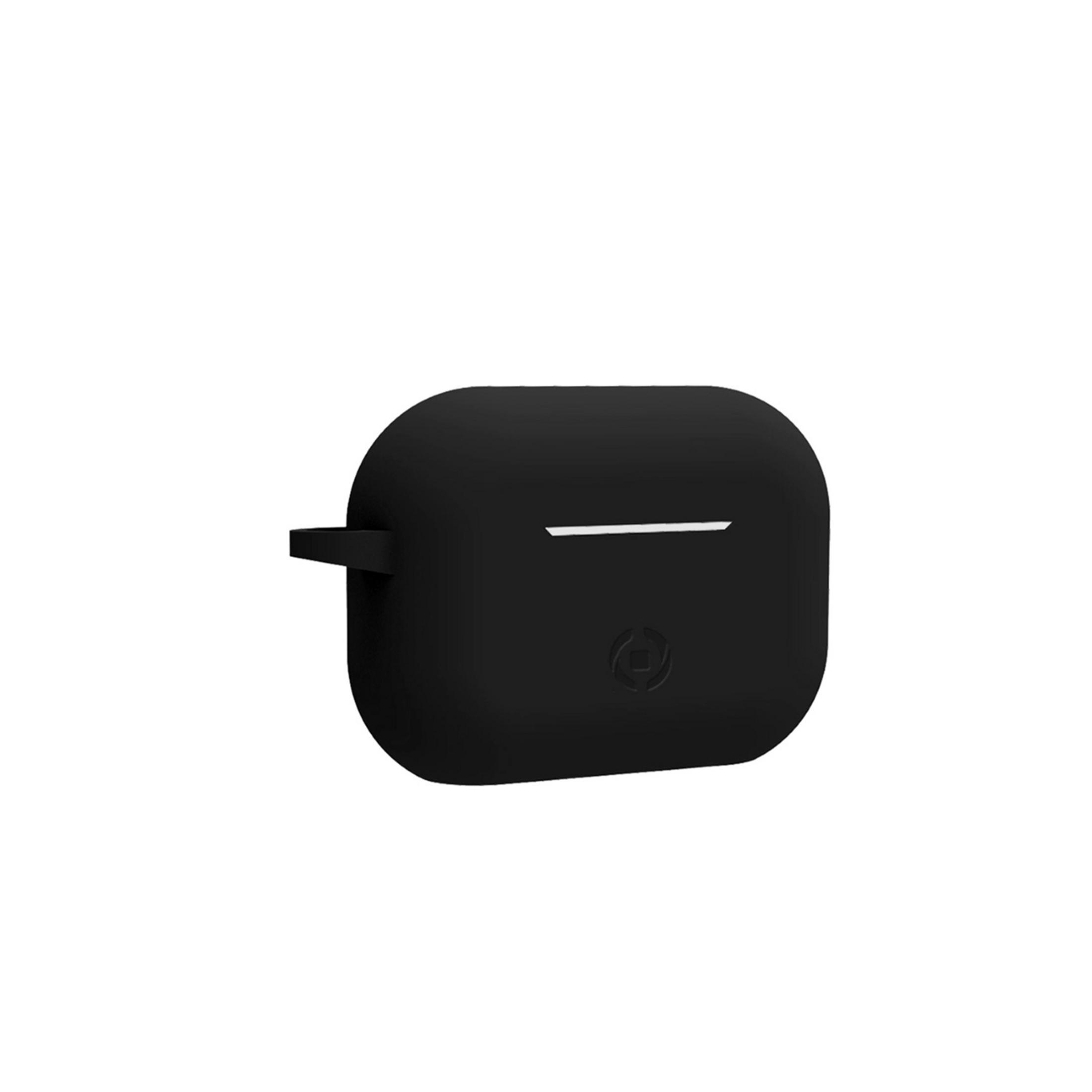 Custodia nera per auricolari con logo discreto e anello laterale.