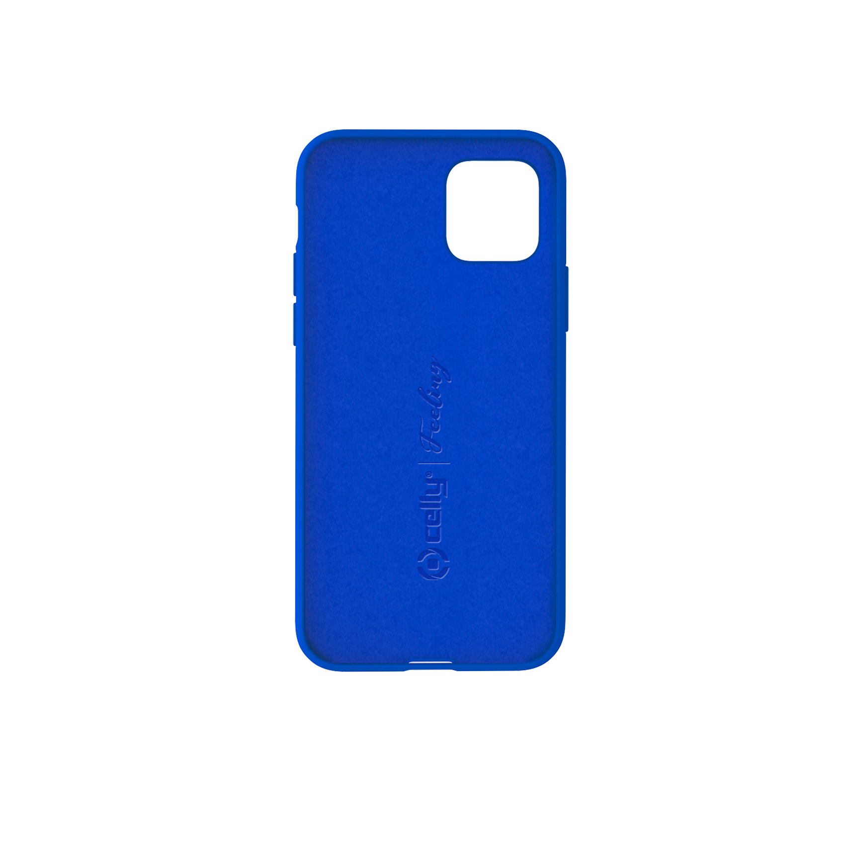 Una custodia blu per telefono con un ritaglio rettangolare per la fotocamera.