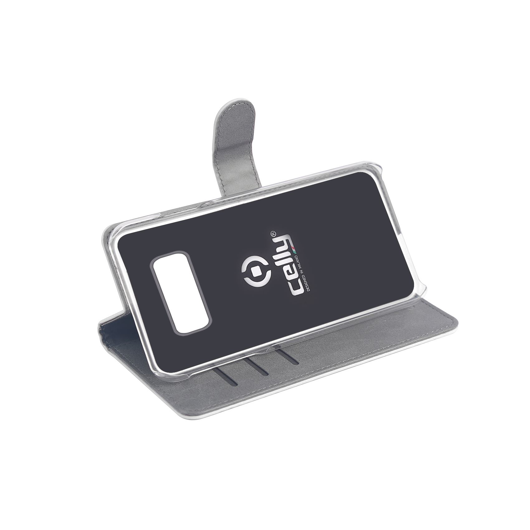Custodia a libro in ecopelle grigia per smartphone, con copertina aperta.