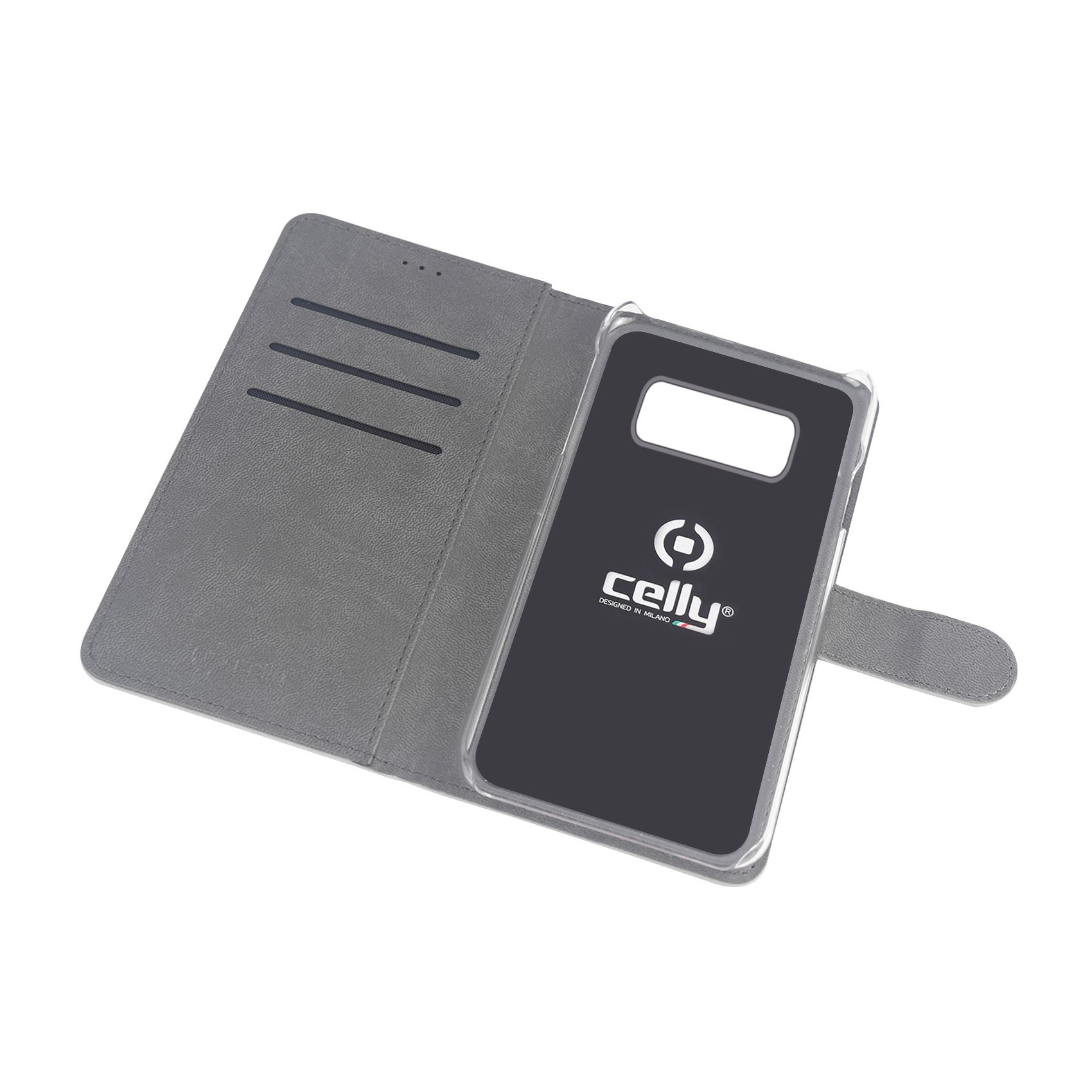 Custodia a libro grigia per telefono con tre slot per carte e logo Celly.
