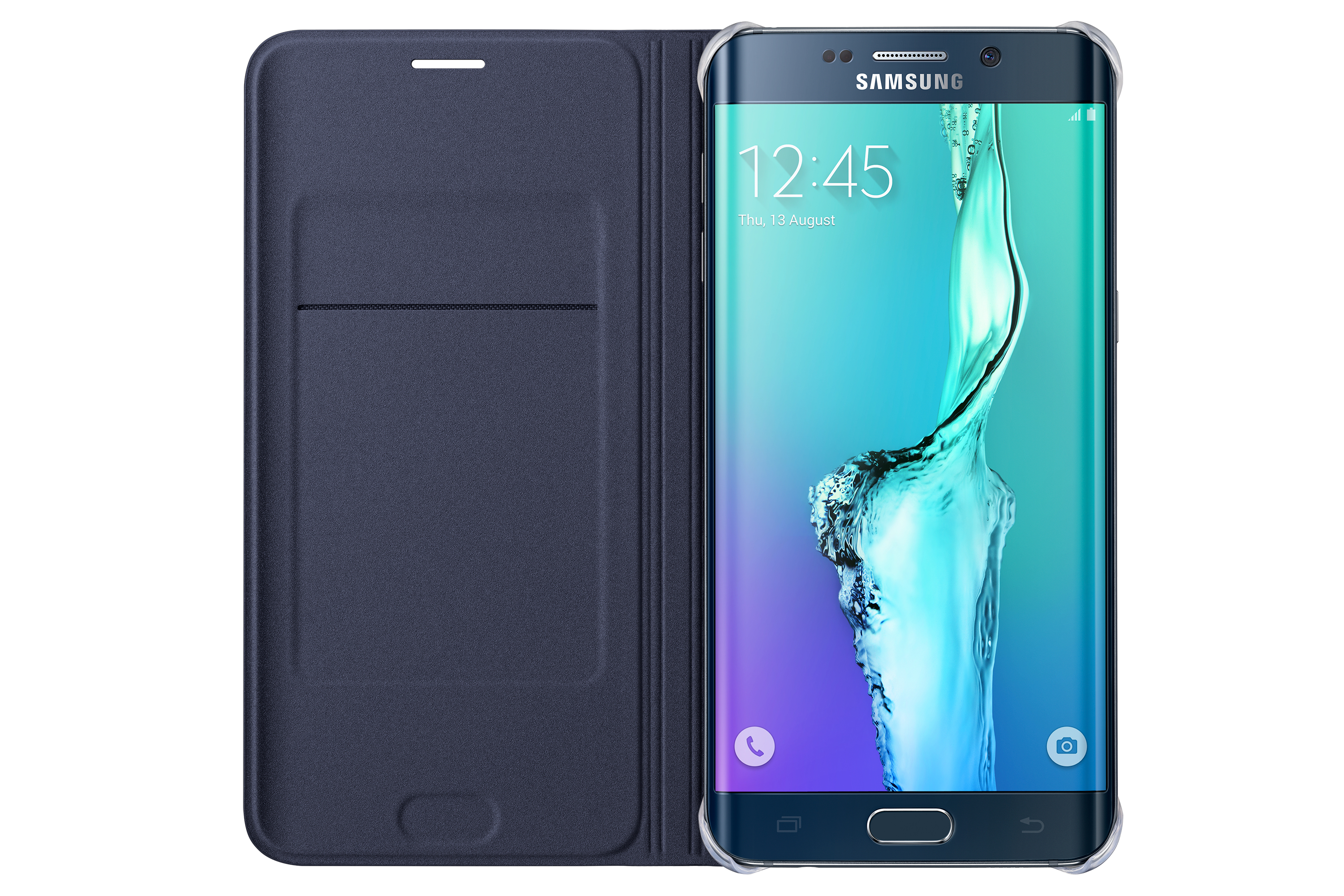 Un telefono cellulare blu con la sua cover protettiva aperta, che mostra lo schermo.