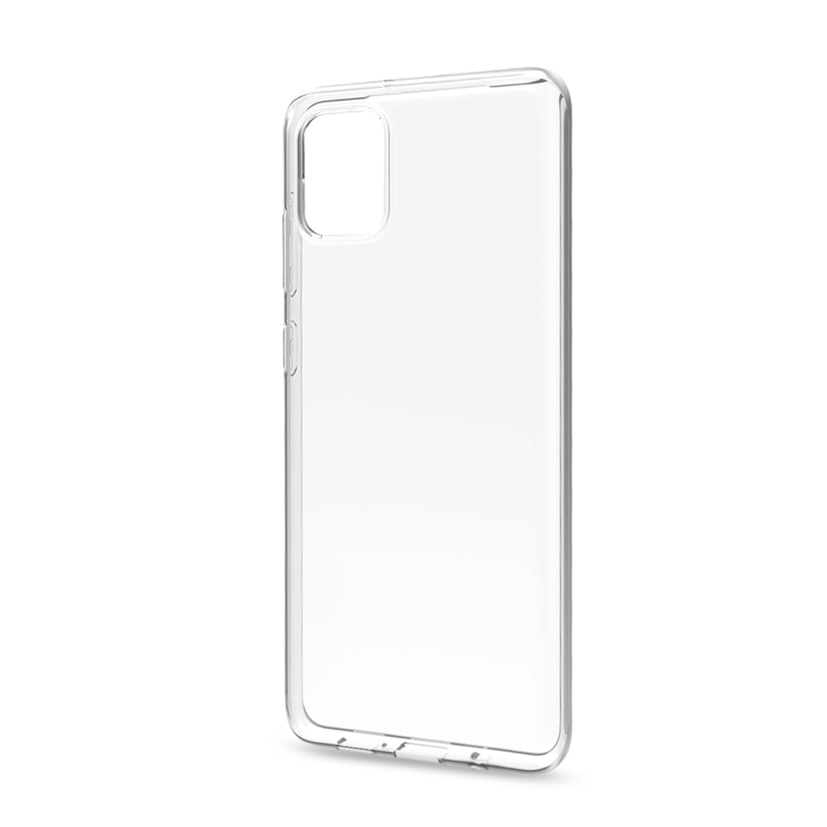Una custodia trasparente per telefono con ritagli per fotocamera e pulsanti.