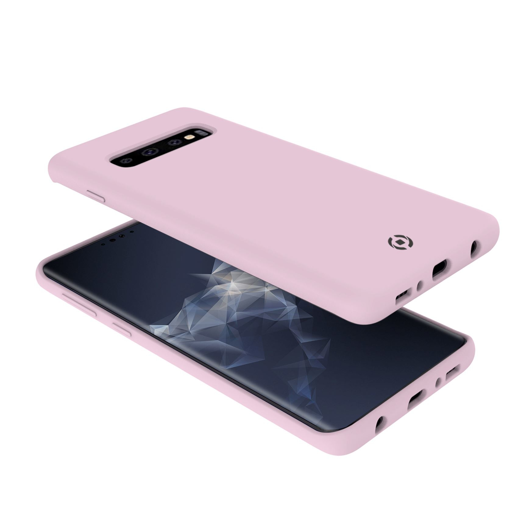 Una custodia rosa poggia su uno smartphone con sfondo astratto.