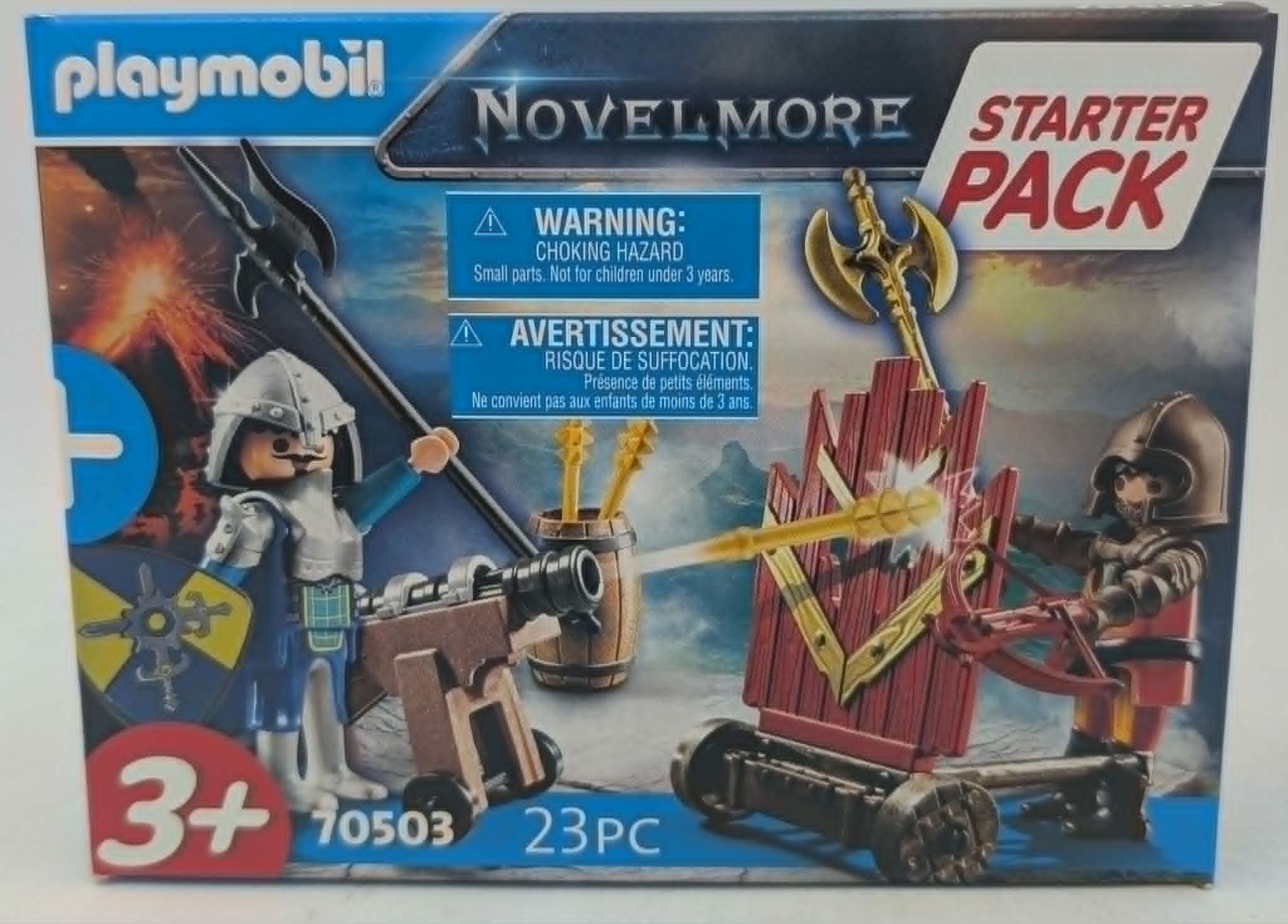 Playmobil Novelmore Starter Pack con cavalieri, catapulta, scudo e armi.