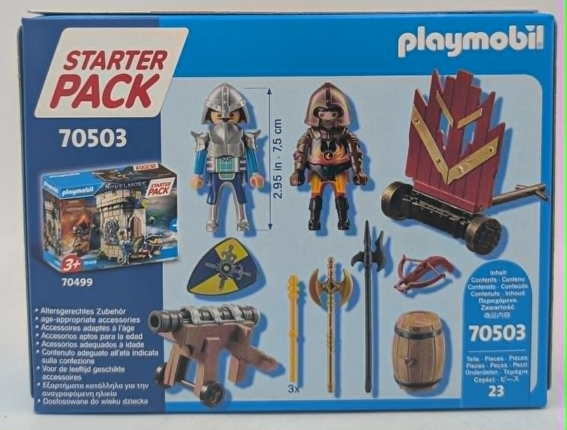 Playmobil starter pack cavaliere con figure, cannone, balestra, scudo, barili e armi.
