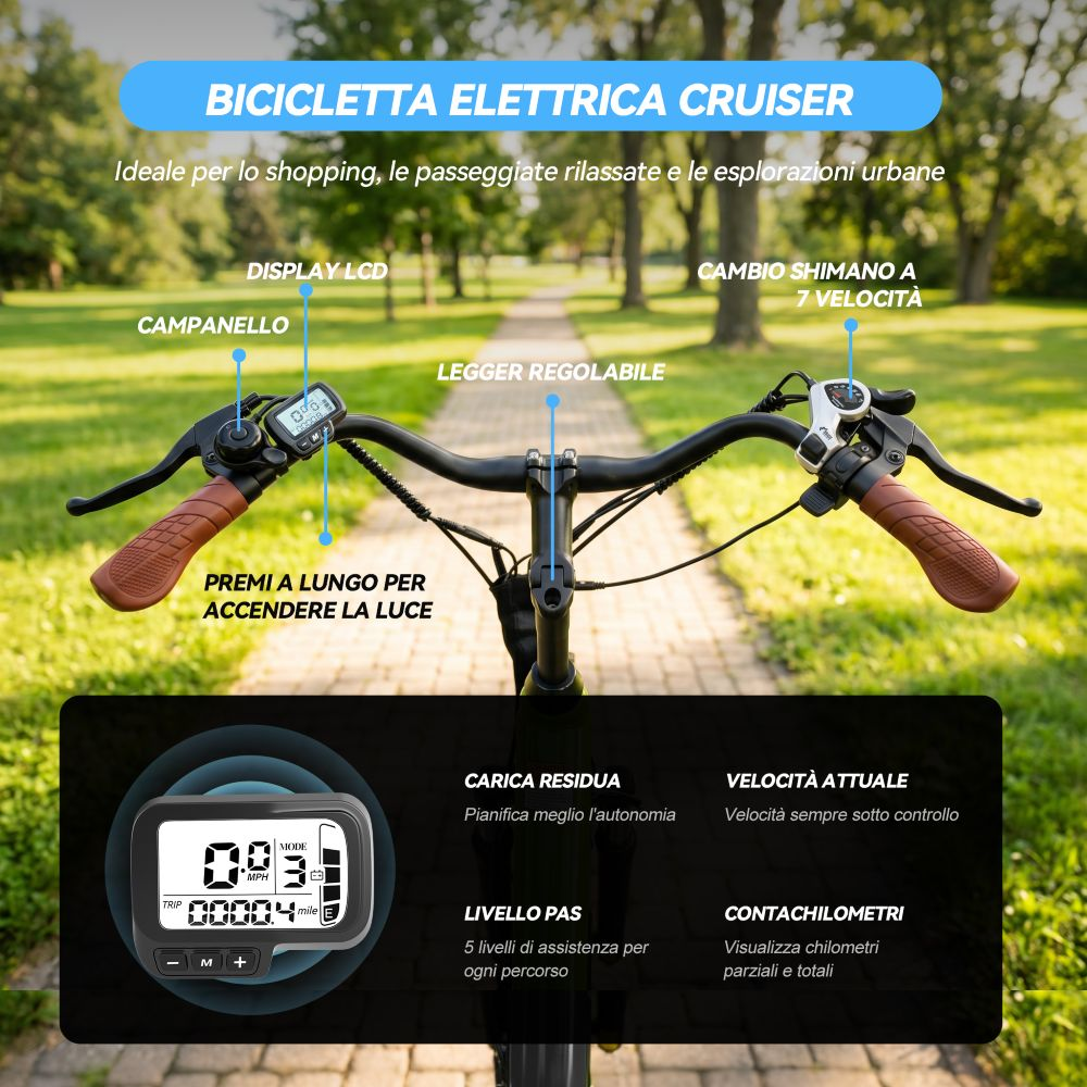 Primo piano del manubrio di una bici cruiser elettrica con display LCD e comandi.