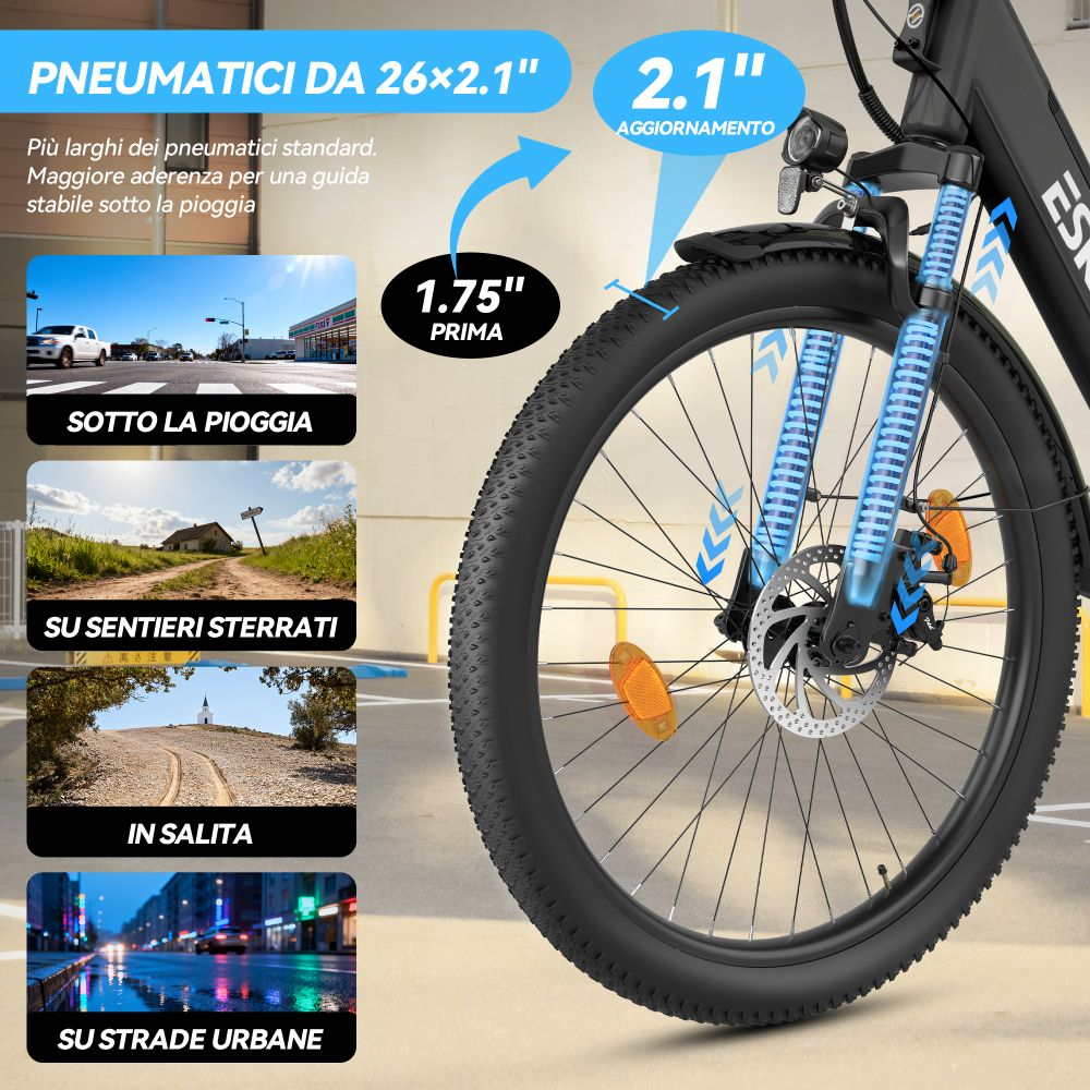 Pneumatico bici 26x2.1 pollici con forcella e freno a disco, mostra varie condizioni di guida.