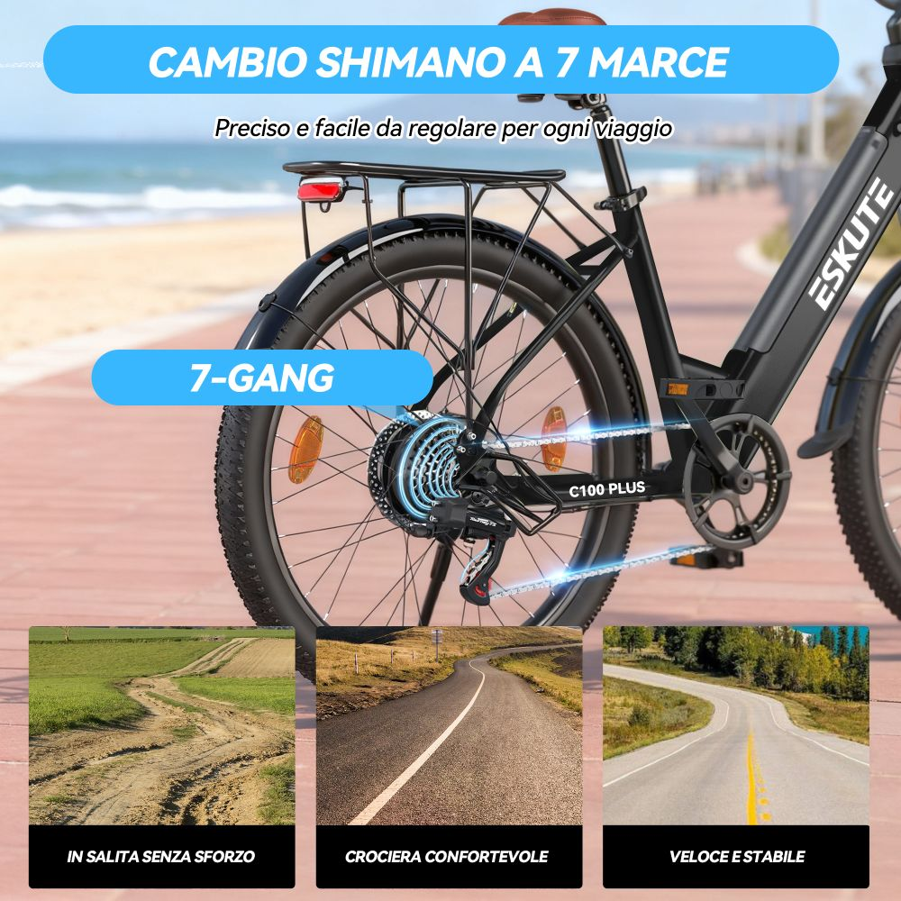 Bicicletta nera con cambio Shimano a 7 velocità, primo piano ruota posteriore e catena.