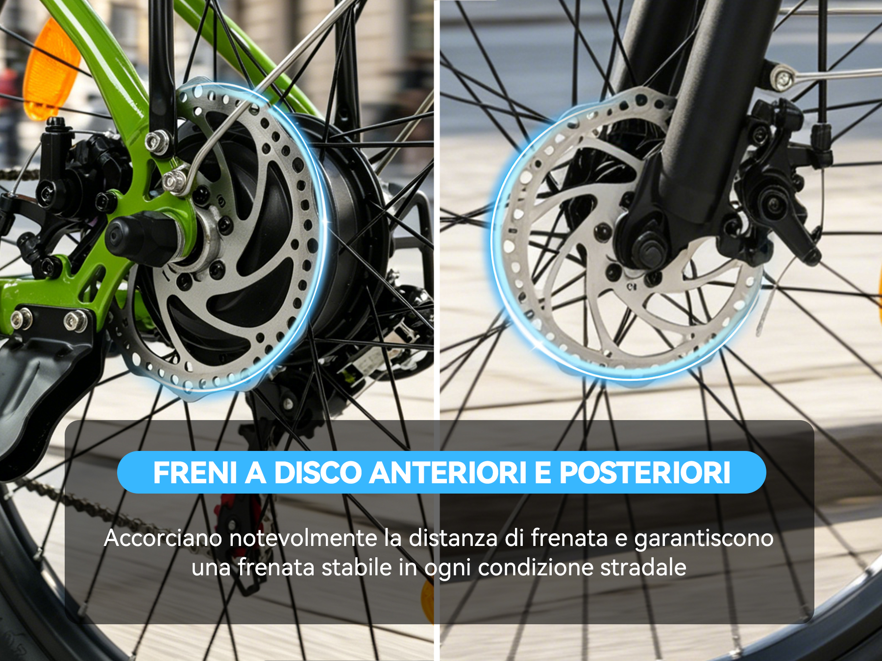 Freni a disco per bicicletta anteriori e posteriori, in dettaglio.
