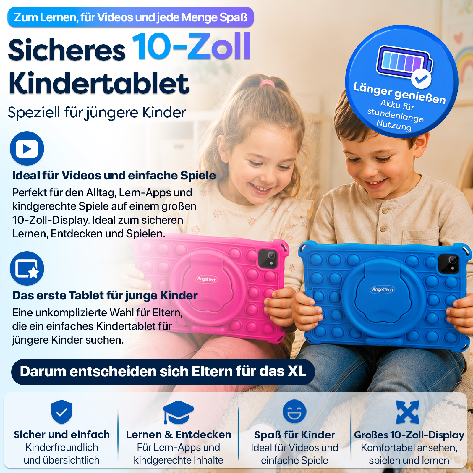 Zwei Kinder halten Tablets mit Pop-It-Hüllen. Ein Tablet ist pink, das andere blau.