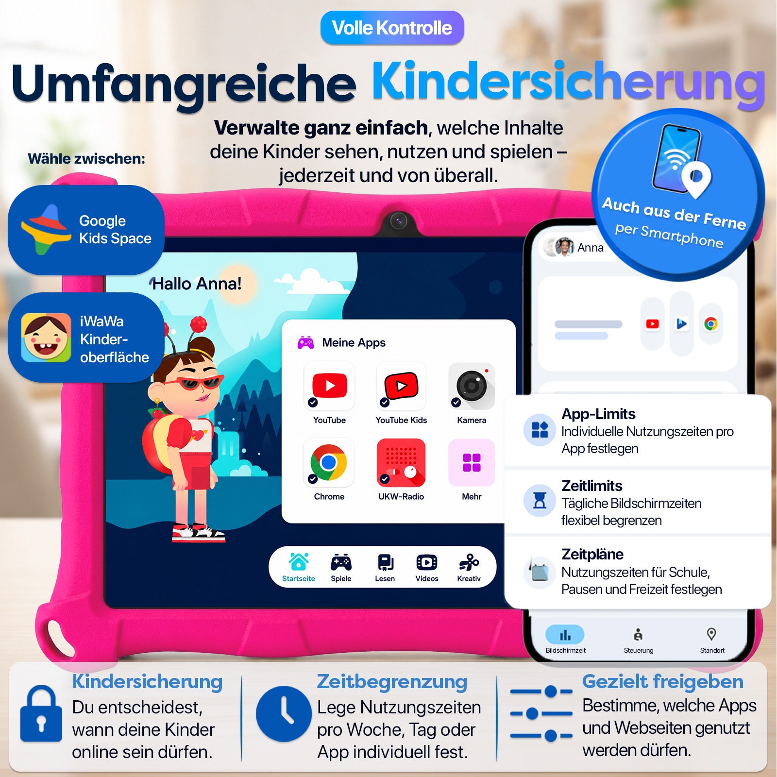 Umfangreiche Kindersicherung auf einem Tablet und Smartphone mit App-Optionen.